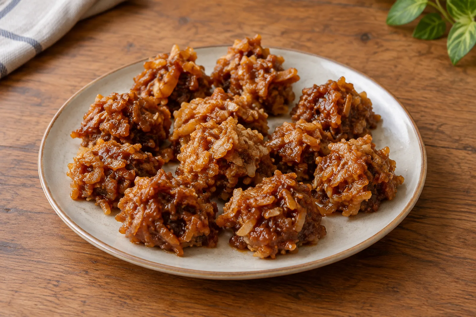 Glossy dark brown clusters of diced coconut in set ginger syrup on baking paper