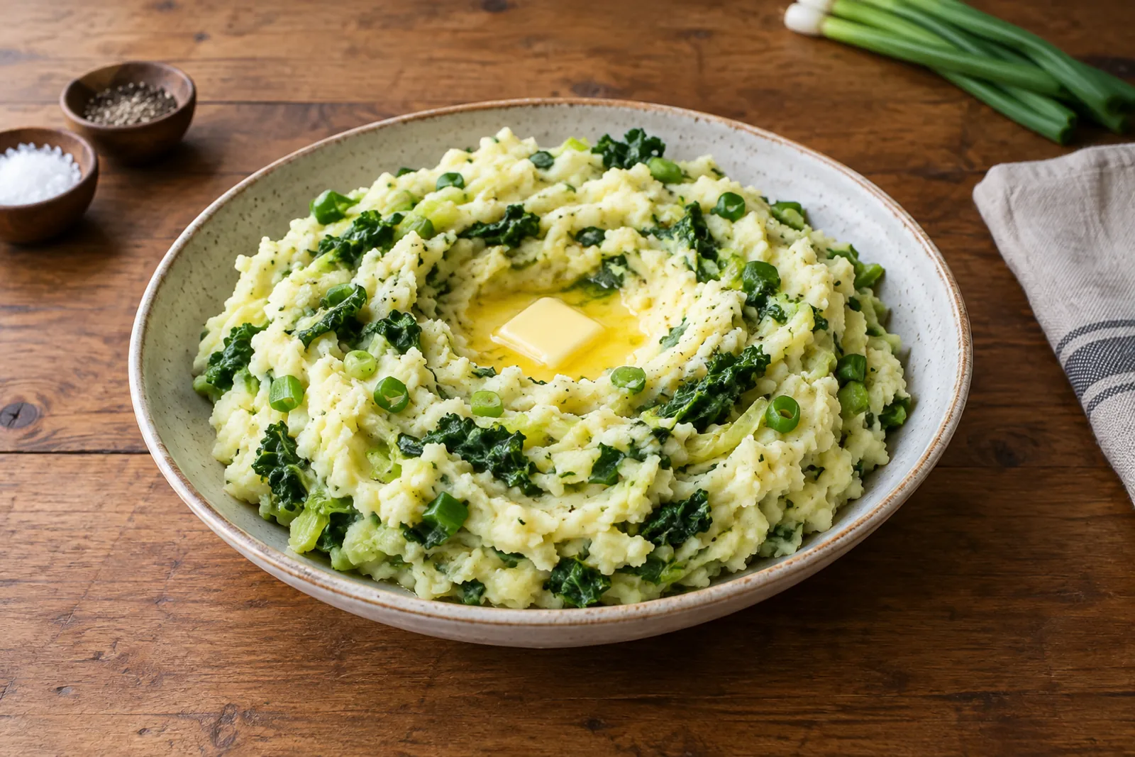 A mound of creamy mashed potato flecked with green cabbage and spring onion, with a pool of melted butter