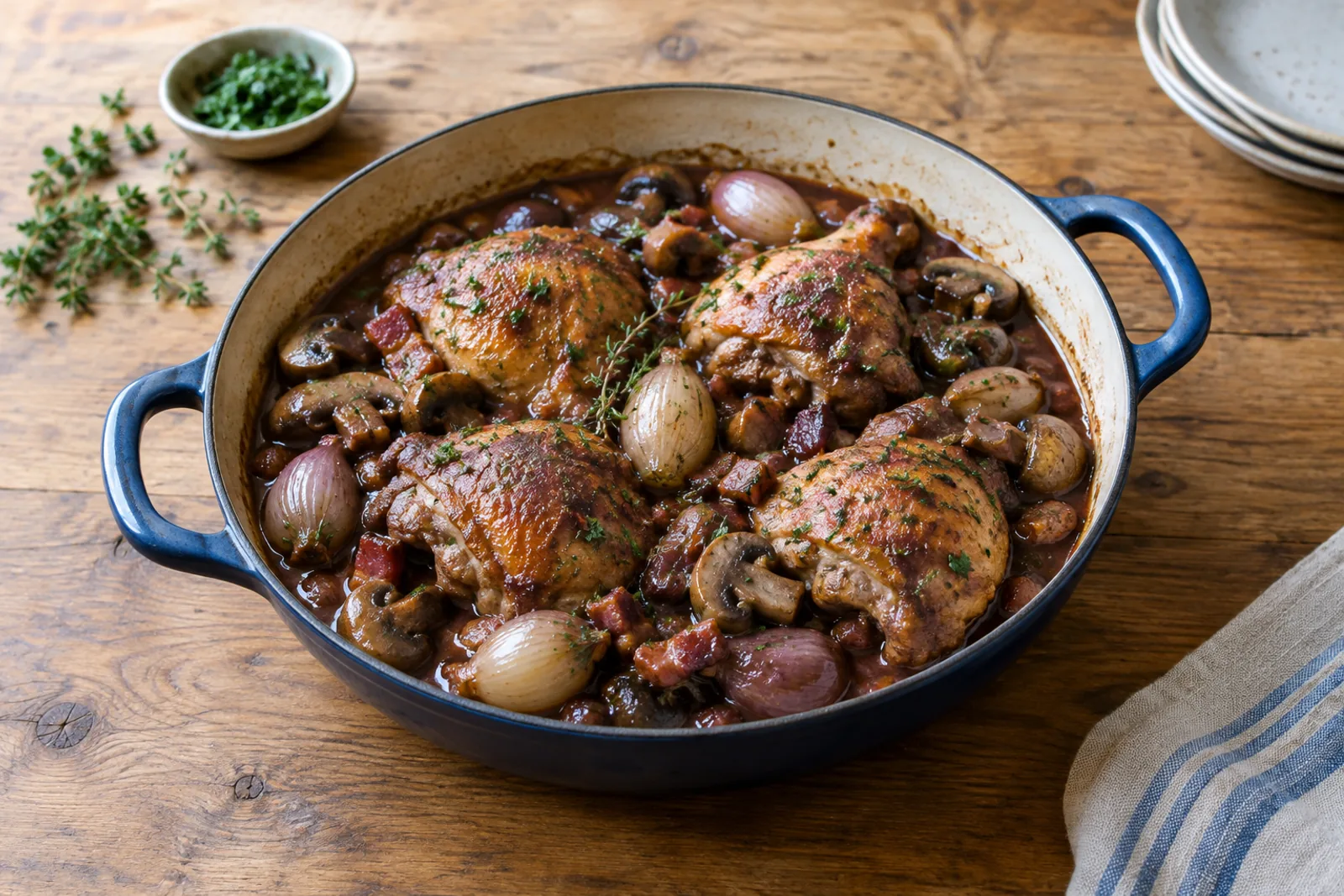 Coq au vin in a casserole with mushrooms, whole shallots and lardons in a dark wine sauce