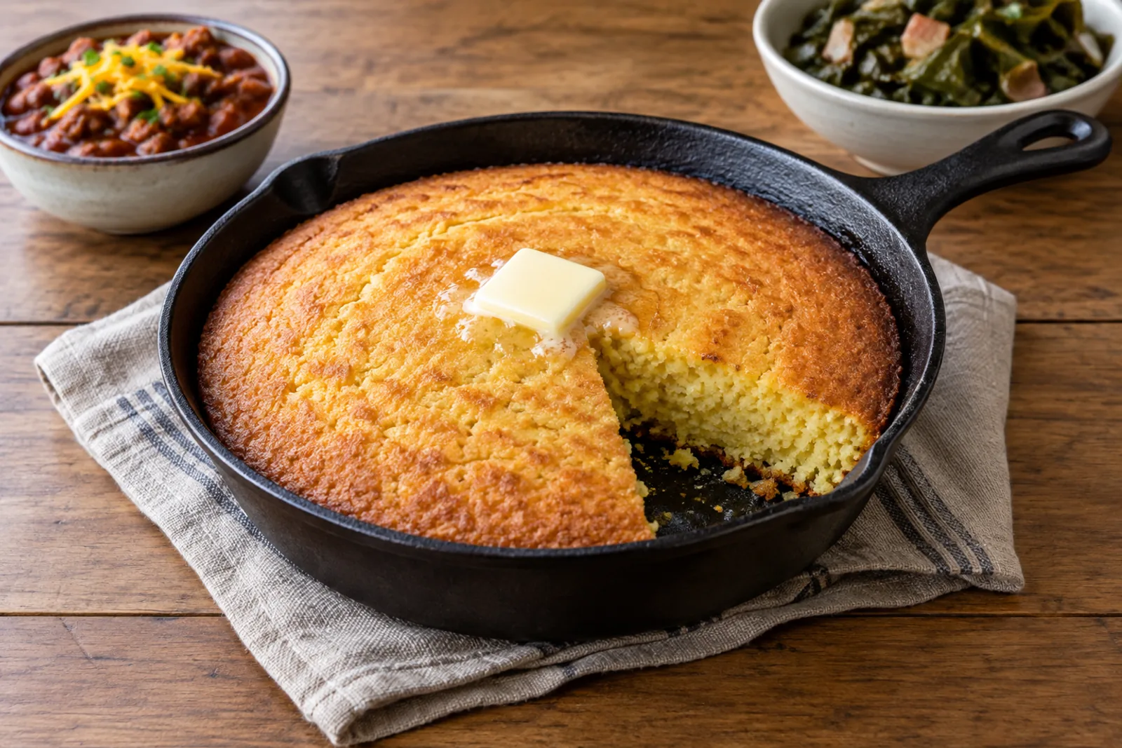 A round golden cornbread in a cast-iron skillet with a wedge cut out and butter melting on top