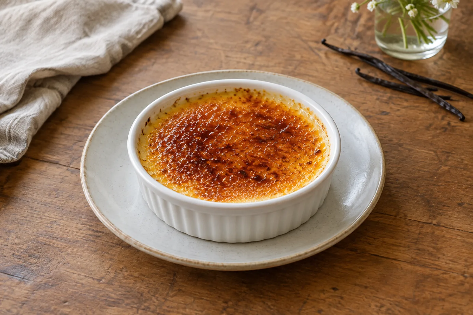 A ramekin of crème brûlée with a cracked amber sugar crust and pale set custard underneath.