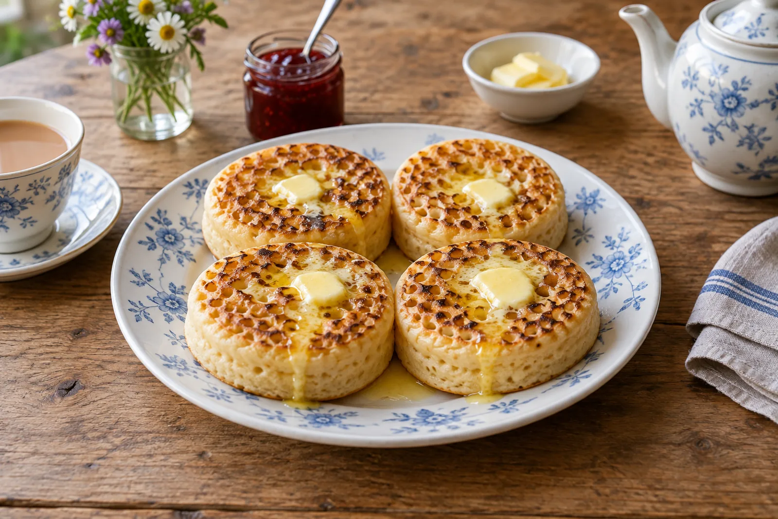 Toasted crumpets with butter melting into their holey tops, beside a pot of tea