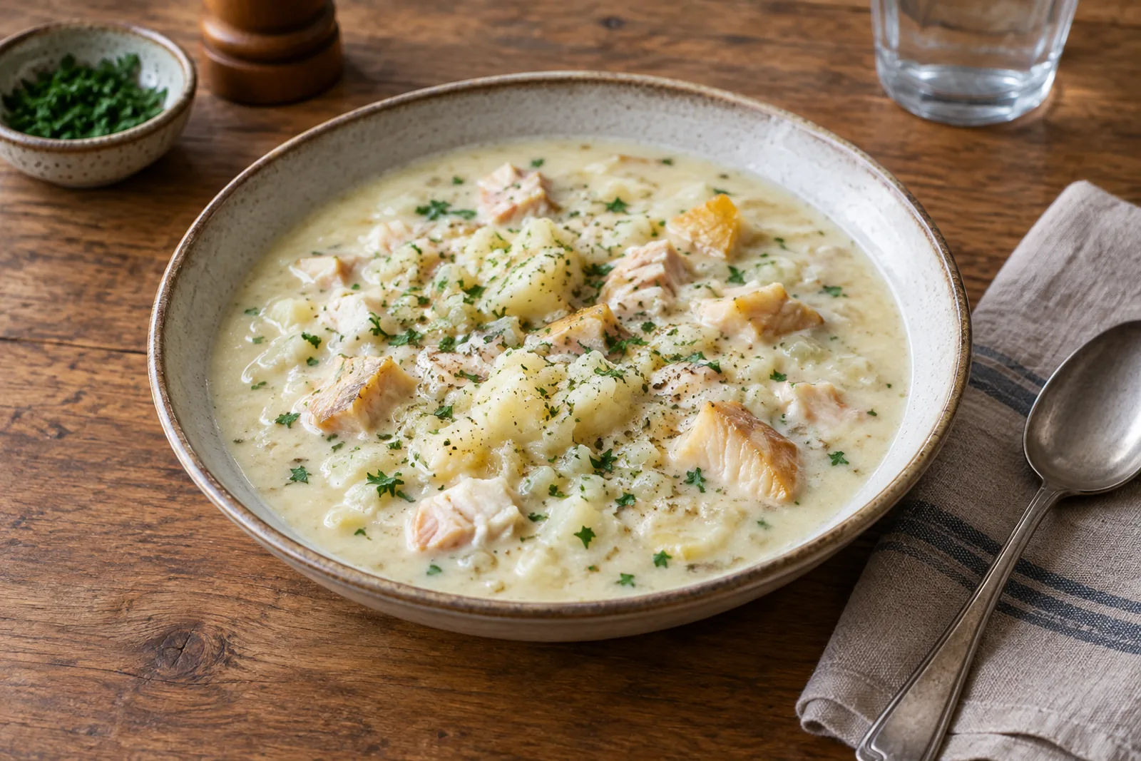 A bowl of creamy smoked haddock and potato soup with chives