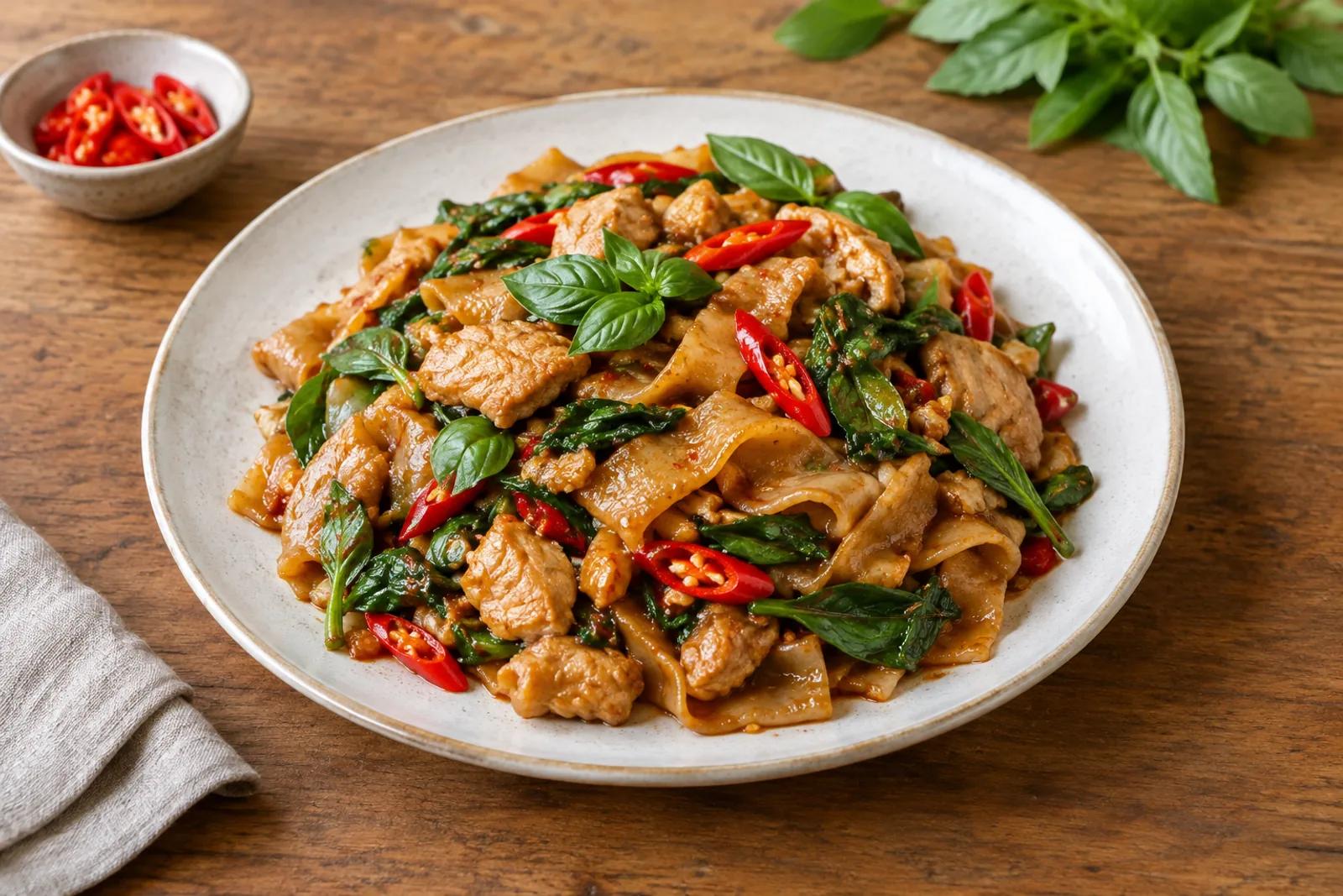 Wide rice noodles with pork, green beans, red chilli and holy basil in a wok