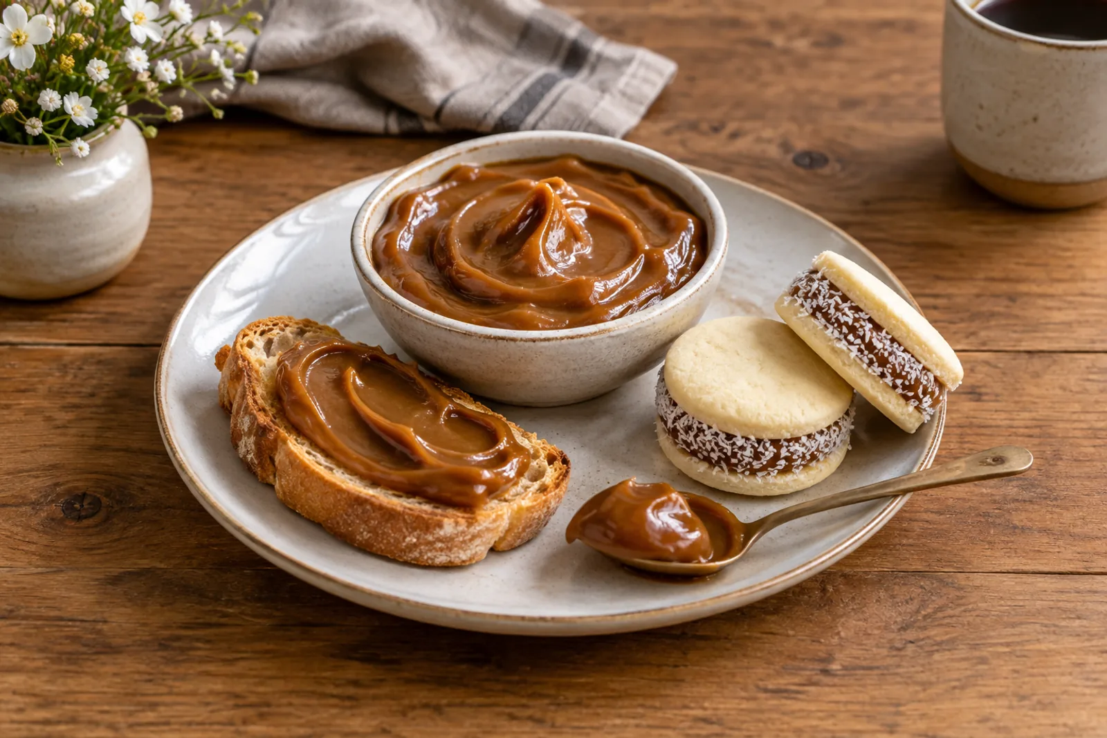 A jar of glossy, thick golden-brown milk caramel with a spoon lifting a ribbon of it