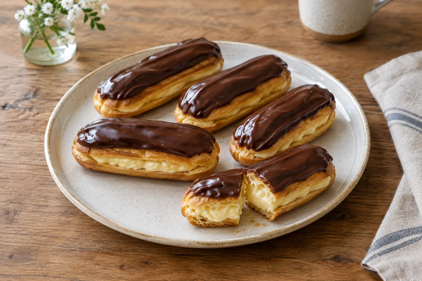 Long choux pastry fingers topped with shiny chocolate glaze, one cut to show custard