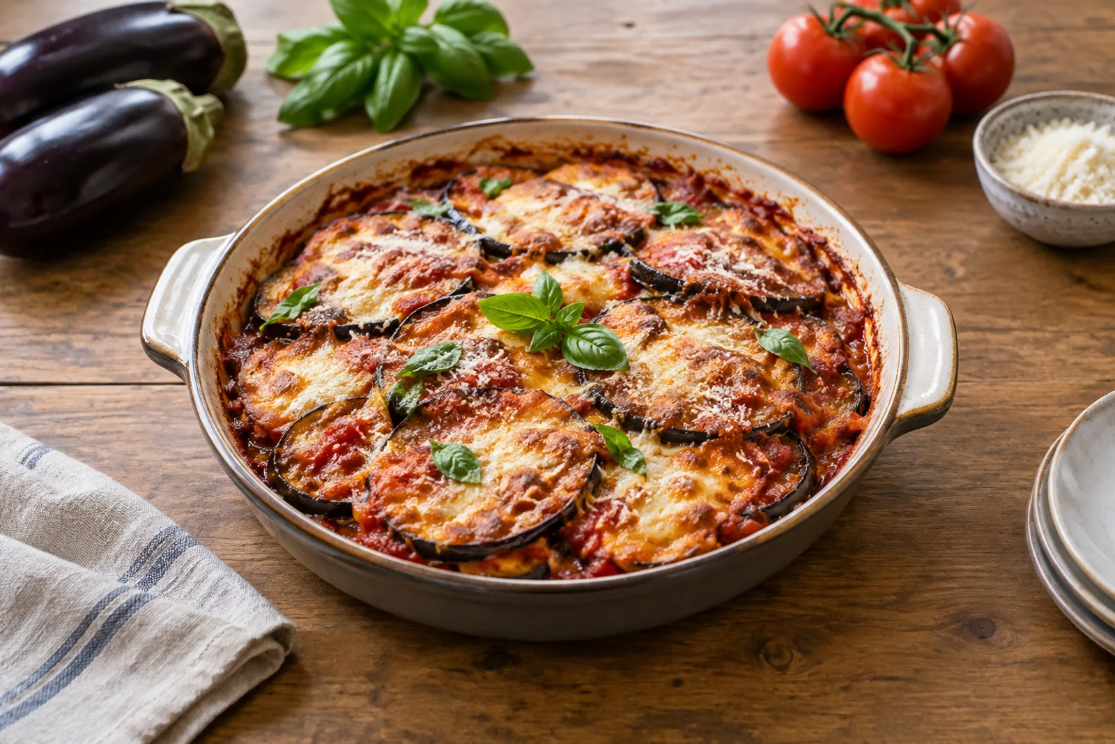 A baking dish of layered fried aubergine, tomato sauce and melted mozzarella, browned on top