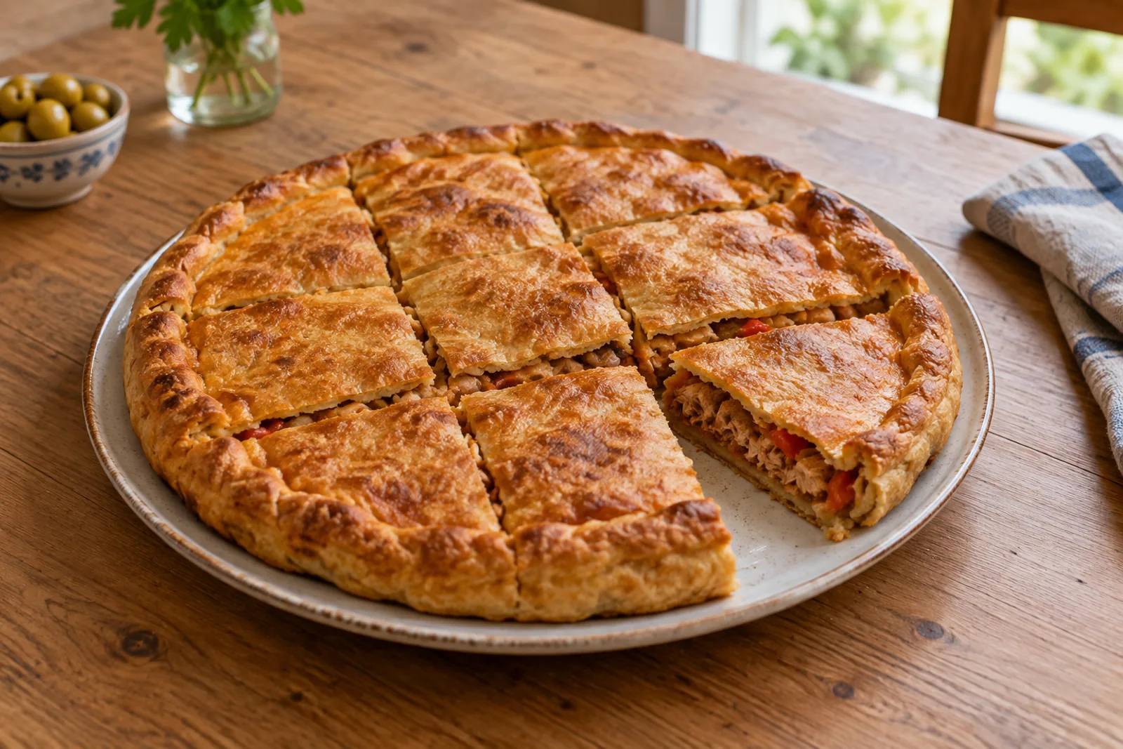 A large golden rectangular pie cut into squares showing a tuna and pepper filling