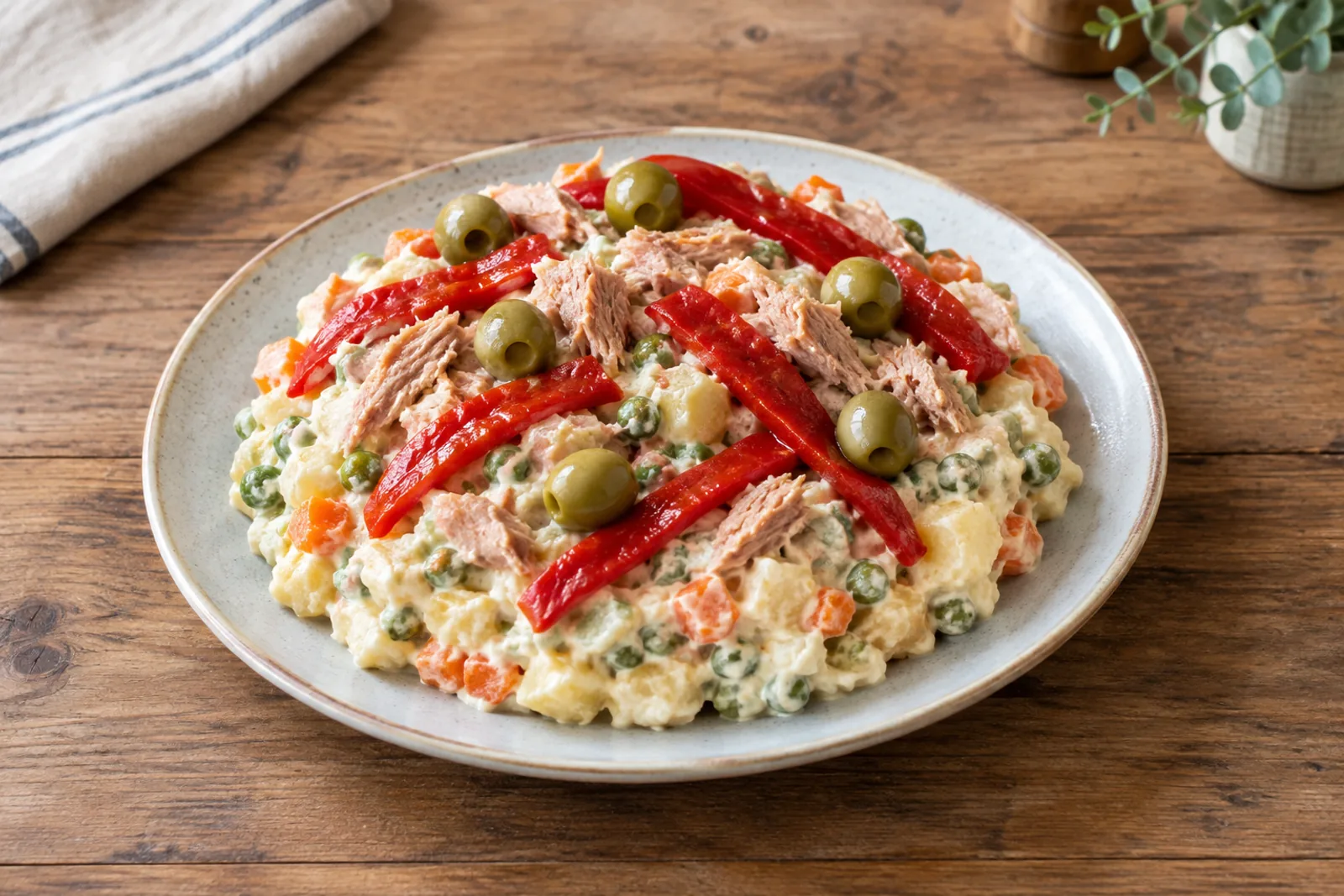 A plate of creamy potato and tuna salad topped with red pepper strips and olives