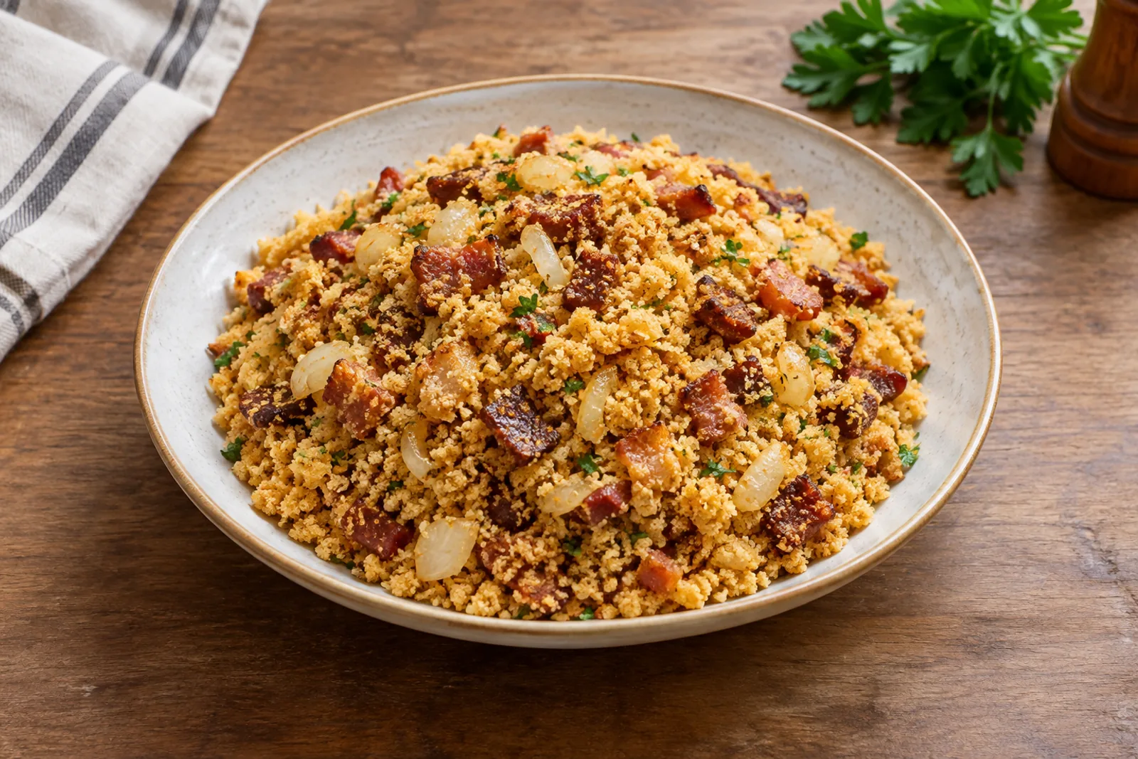 A bowl of golden toasted cassava flour farofa with bits of bacon and spring onion