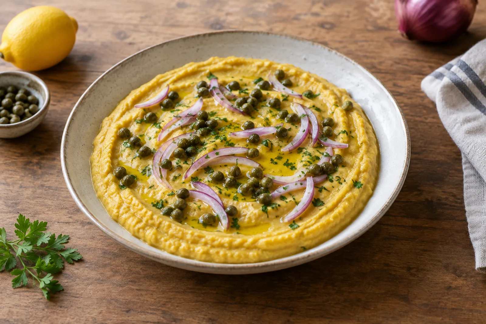 A bowl of smooth yellow split pea purée with olive oil, capers and sliced red onion