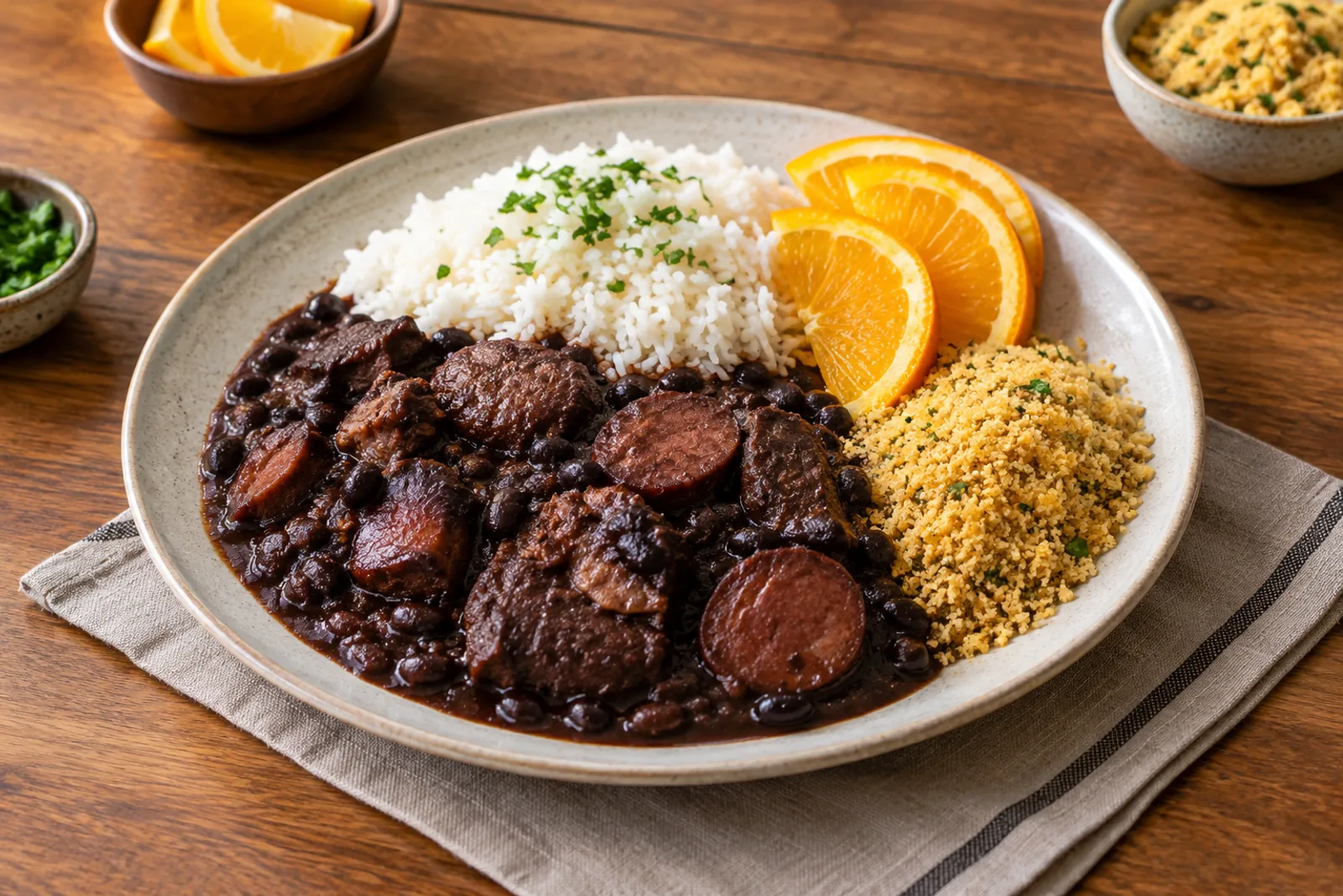 A pot of feijoada with black beans and pork, served with rice, orange slices, kale and farofa