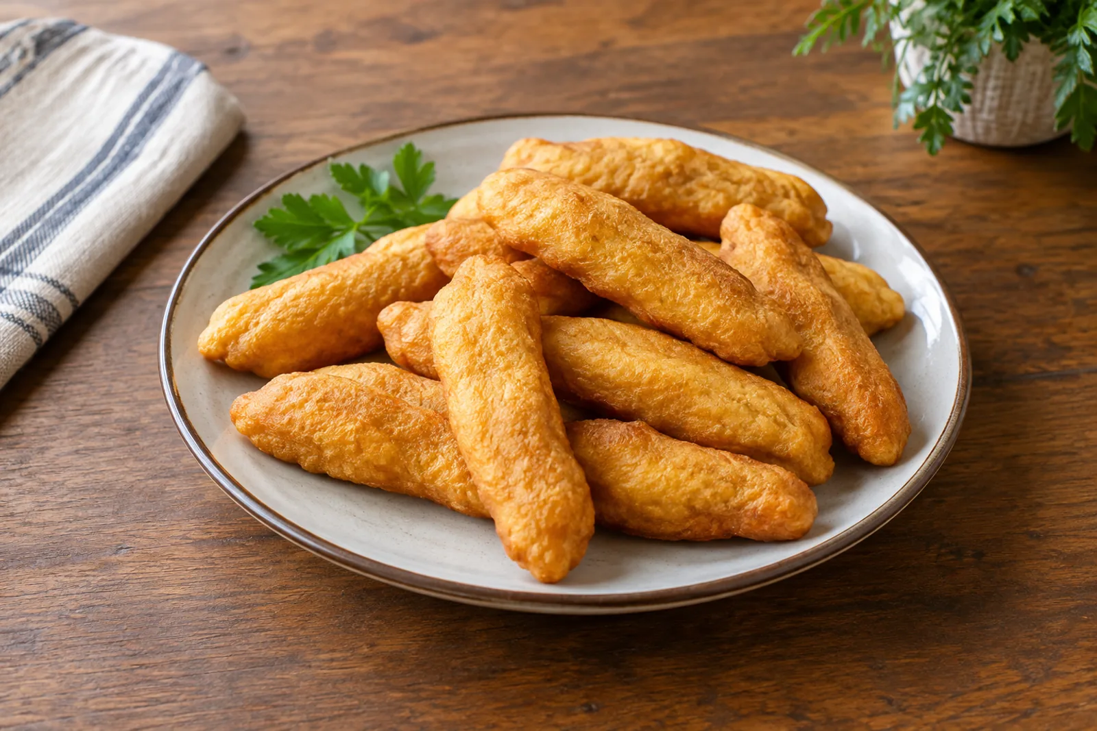 Golden fried Jamaican festival dumplings shaped like fingers on a plate