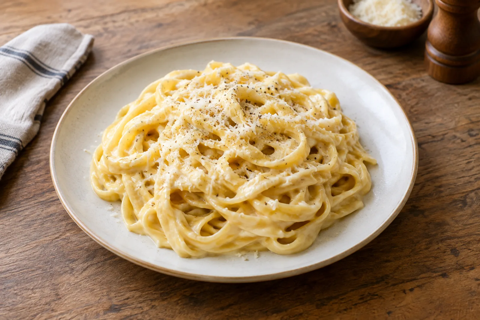 Pale ribbons of fresh egg fettuccine in a buttery parmesan sauce, served plain in a wide bowl