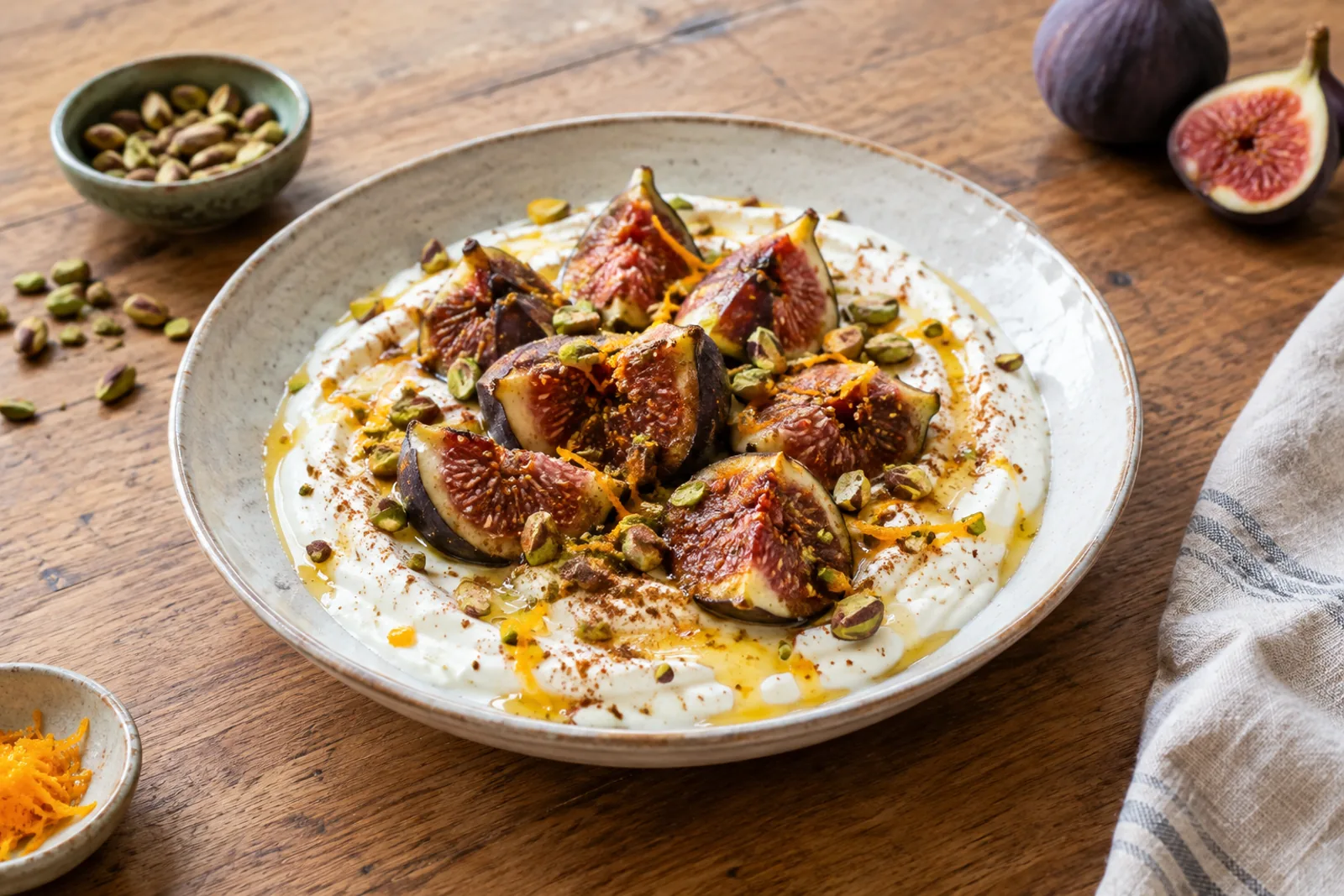 Bowls of thick white yoghurt with torn purple figs, honey, chopped pistachios and orange zest