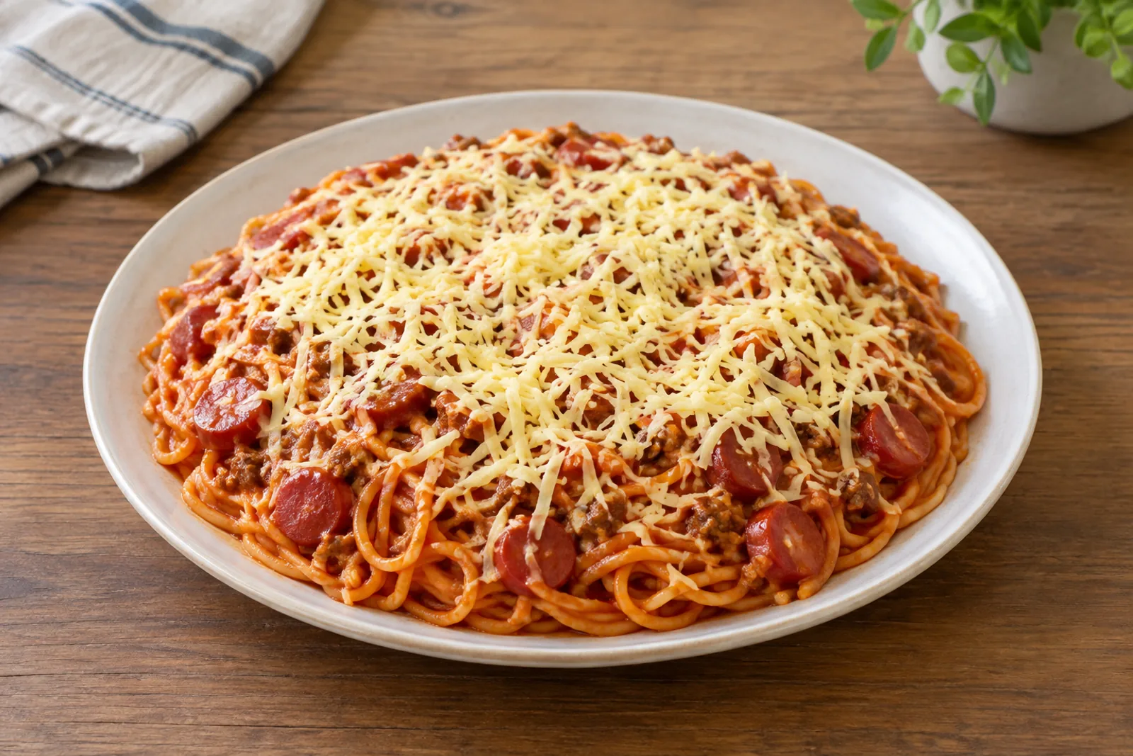 A plate of spaghetti in a bright red sweet sauce with sliced hot dogs and grated yellow cheese