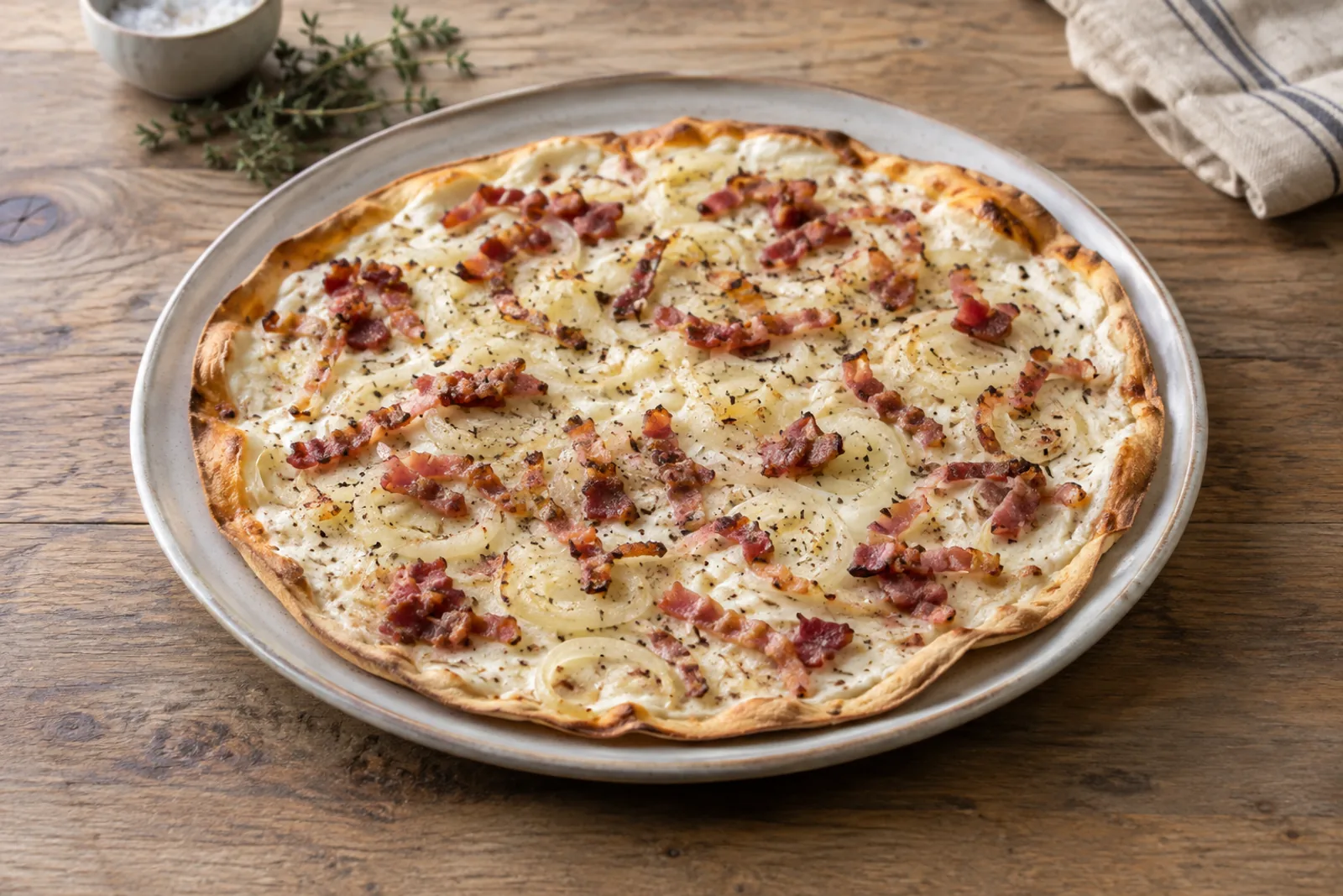 A thin rectangular flammkuchen with crème fraîche, onion and bacon, blistered at the edges