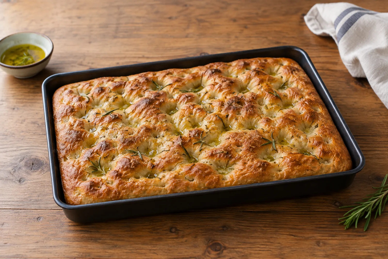 A golden dimpled focaccia with rosemary and flaky salt, glistening with olive oil