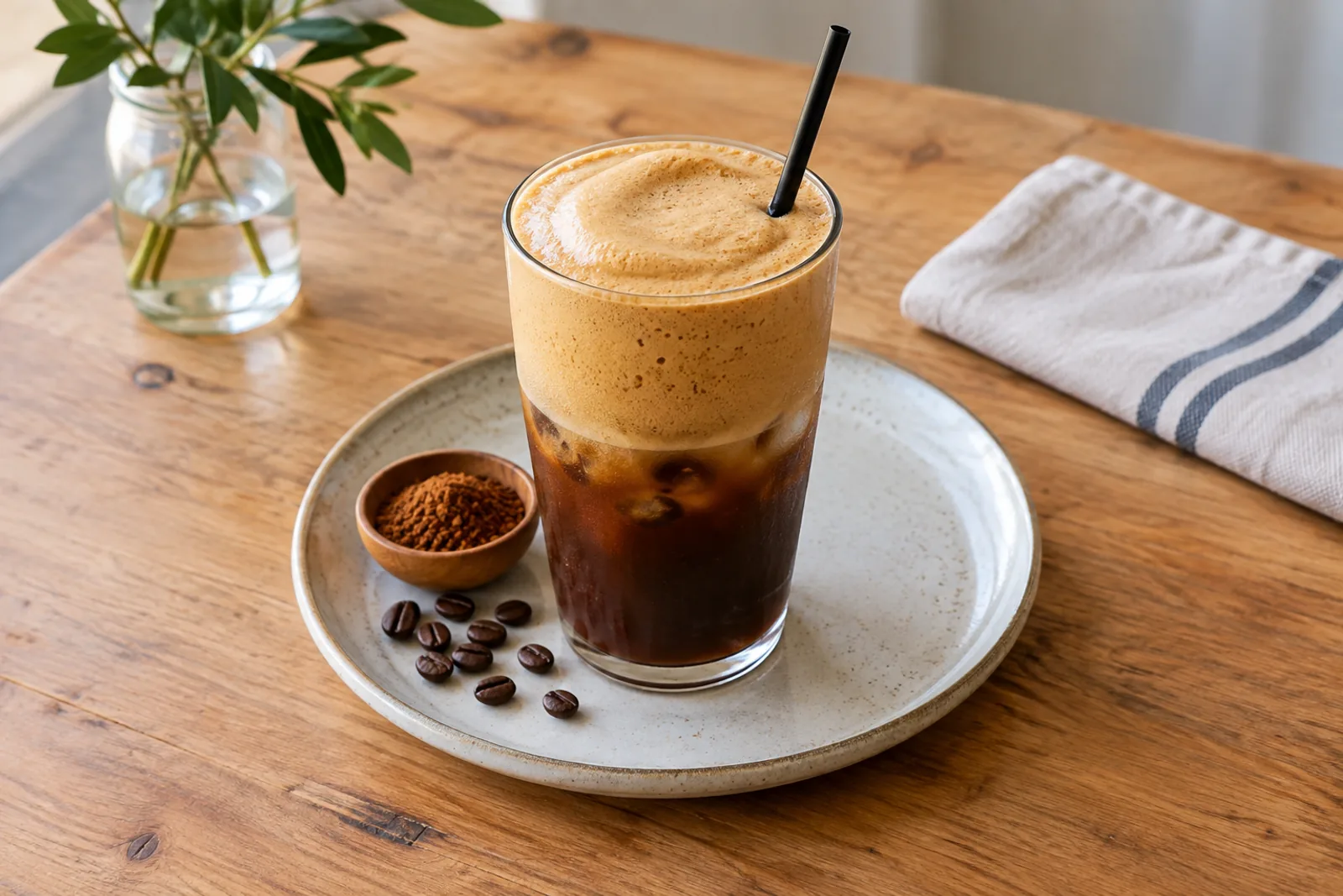 A tall glass of iced coffee with a thick layer of light brown foam and a straw