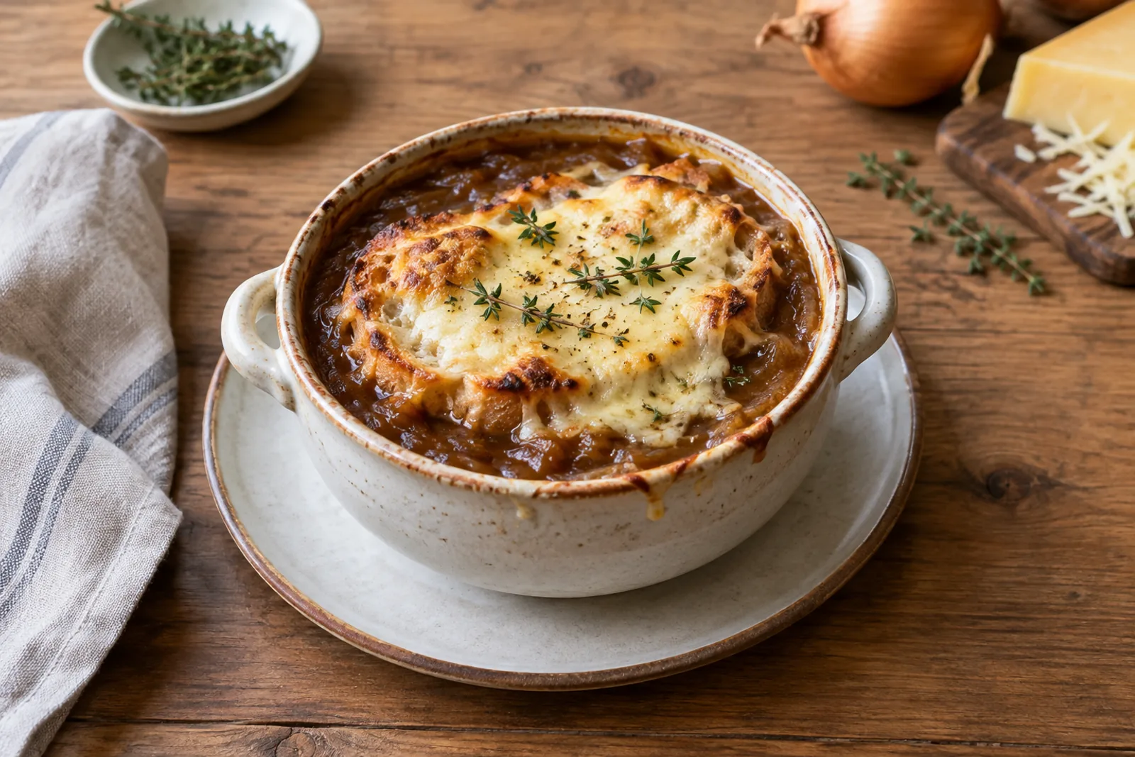 A crock of French onion soup under a browned crust of melted gruyère on toasted bread