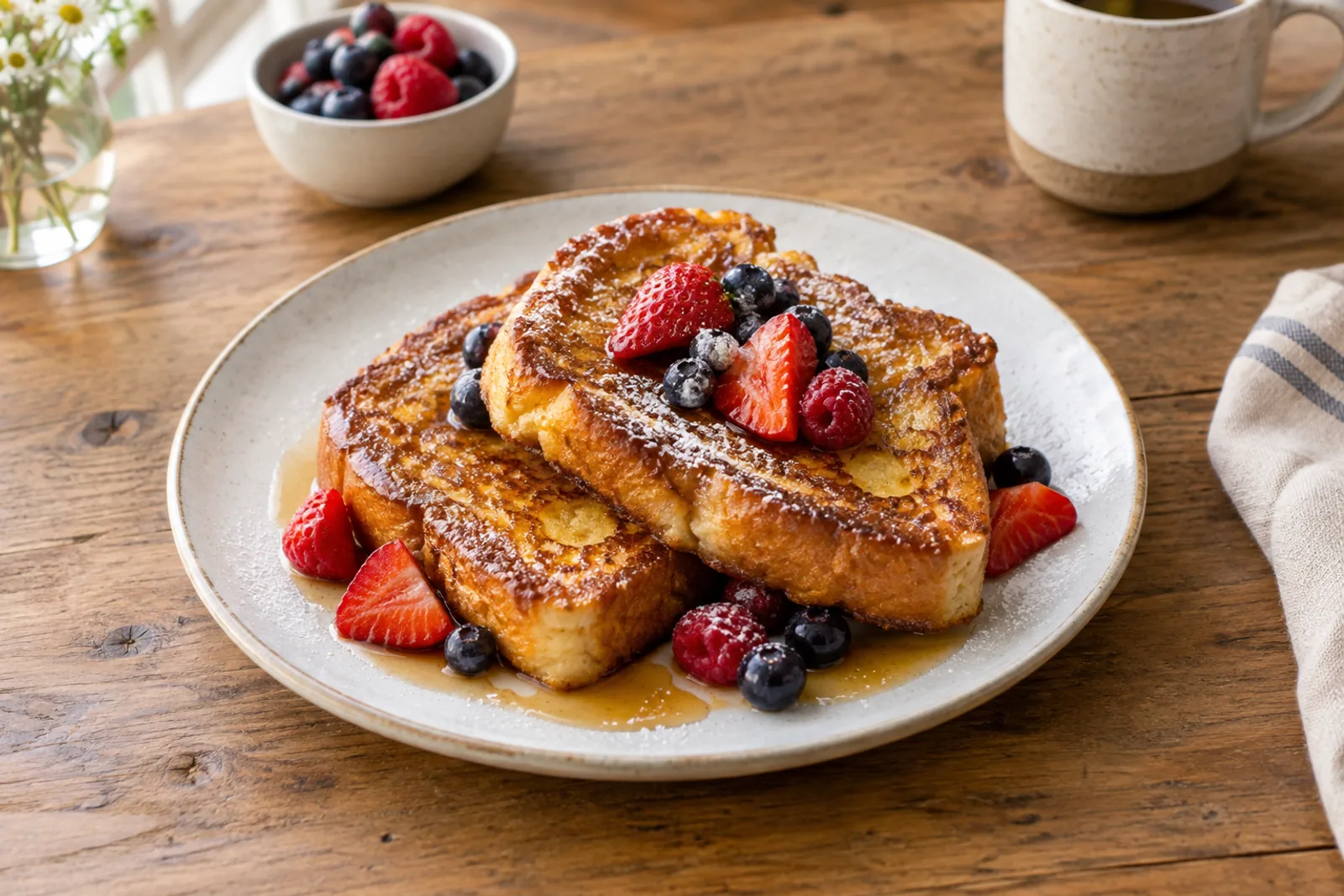 Thick golden slices of French toast with berries and maple syrup