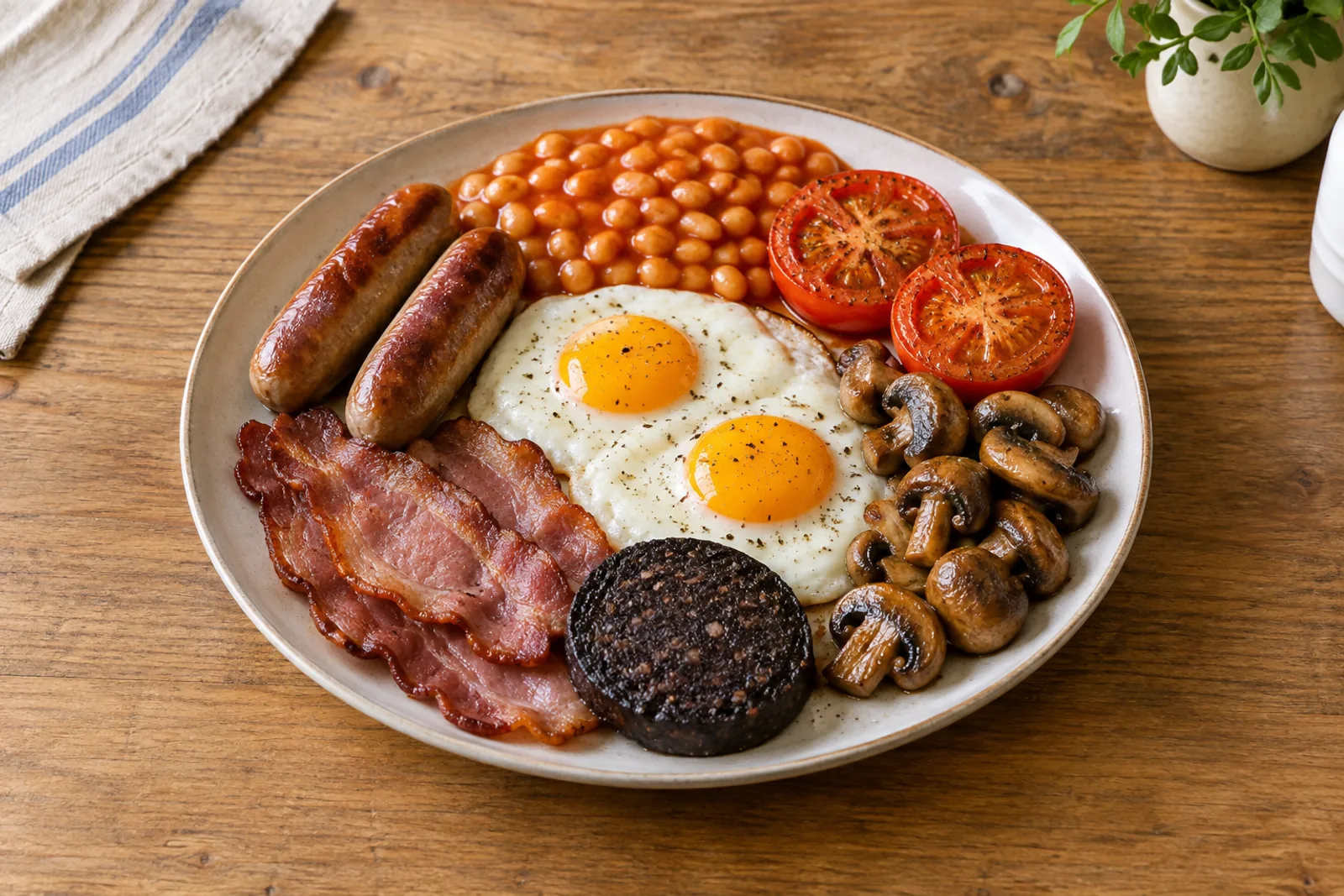 A full English breakfast plate with bacon, sausages, fried egg, black pudding, tomato, mushrooms, beans and toast