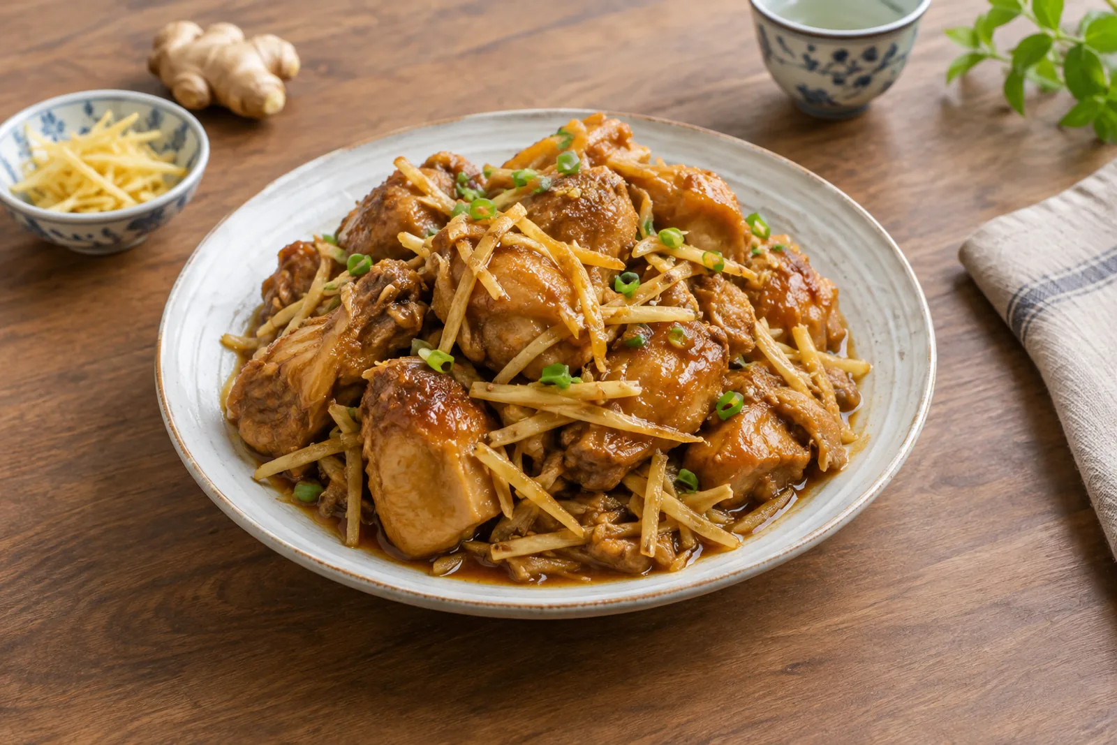 Braised chicken pieces glazed dark with ginger matchsticks and spring onion