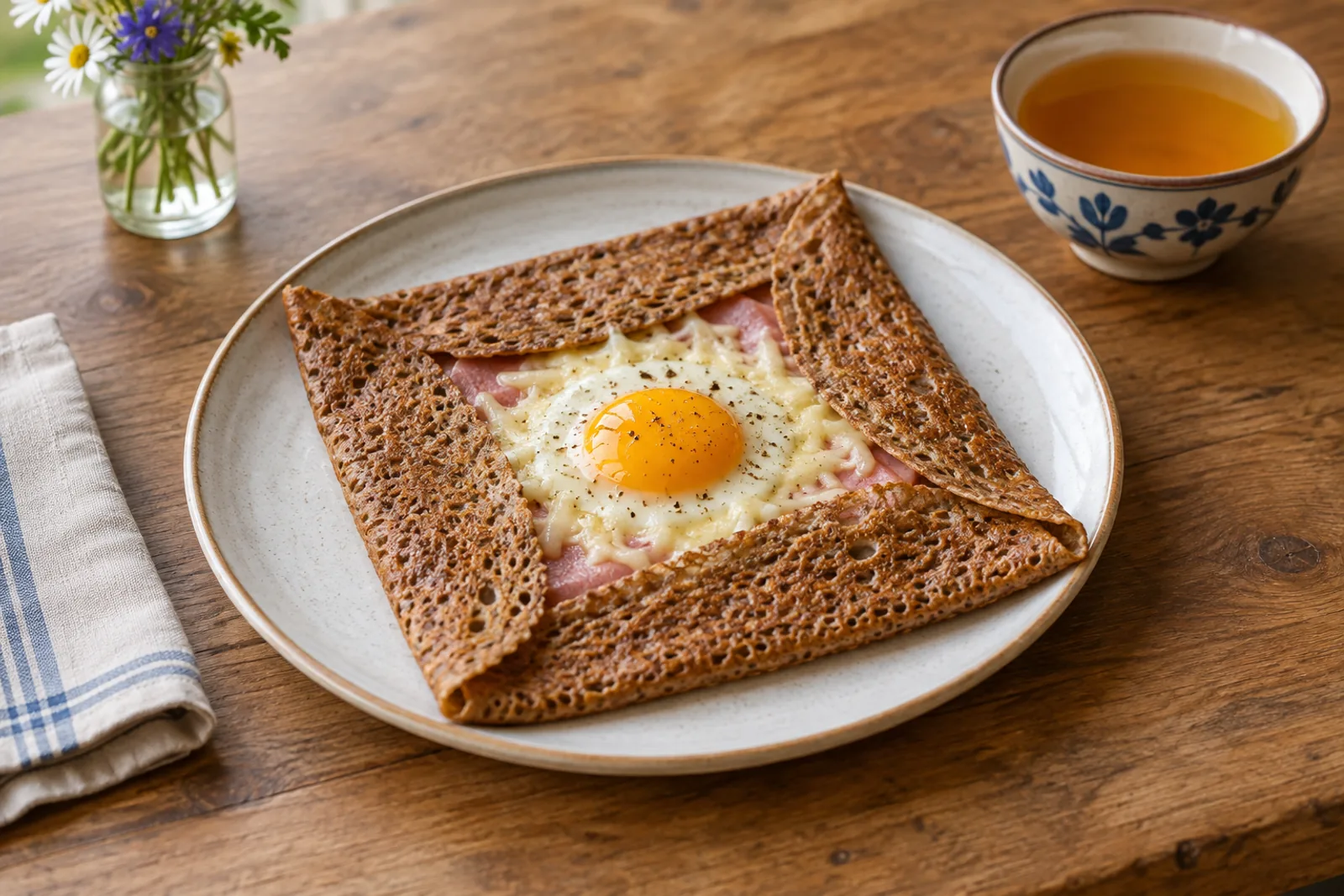 A square-folded dark buckwheat crêpe with ham, melted cheese and a runny egg yolk in the centre