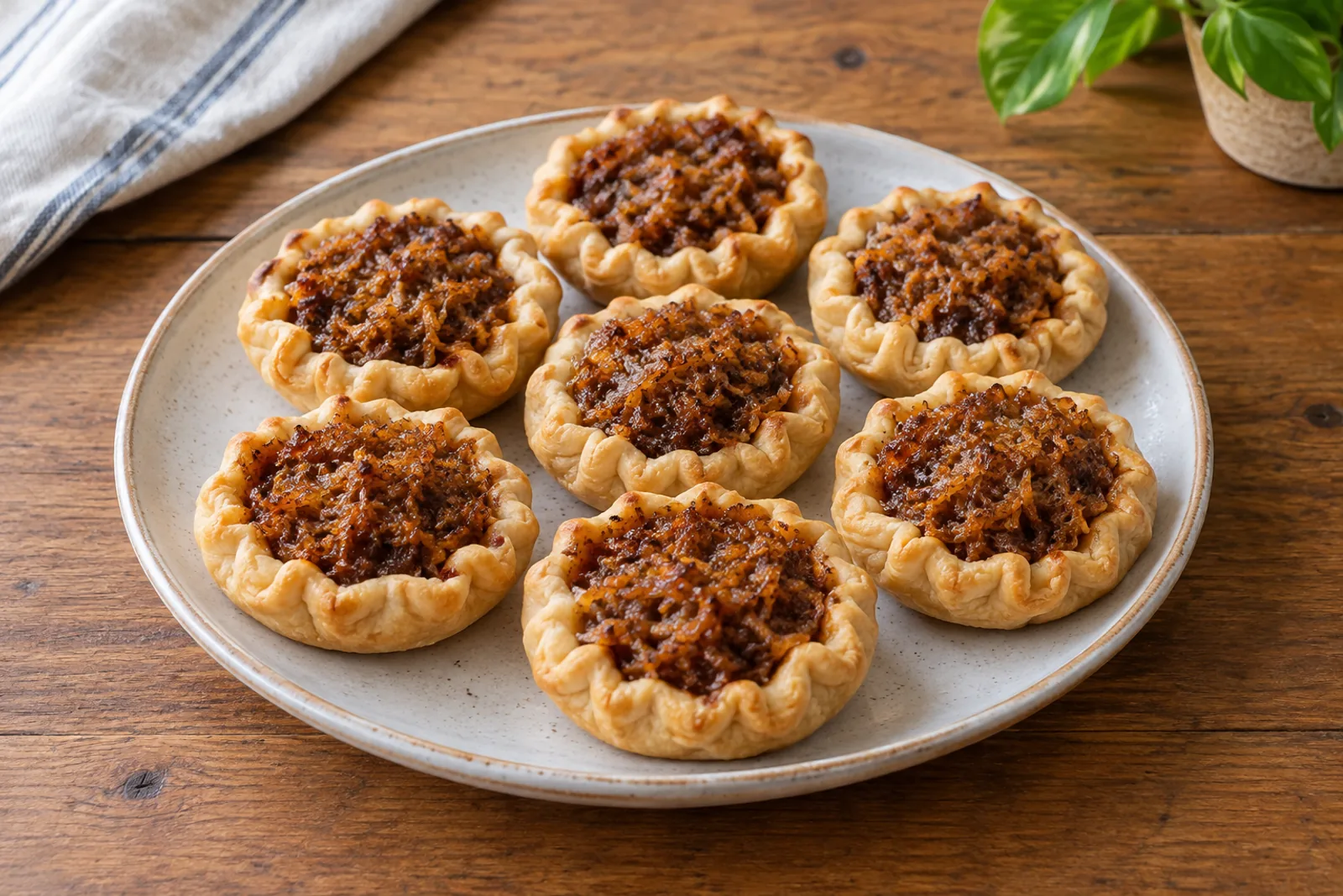 Small tarts with crimped pastry edges filled with dark sticky spiced grated coconut