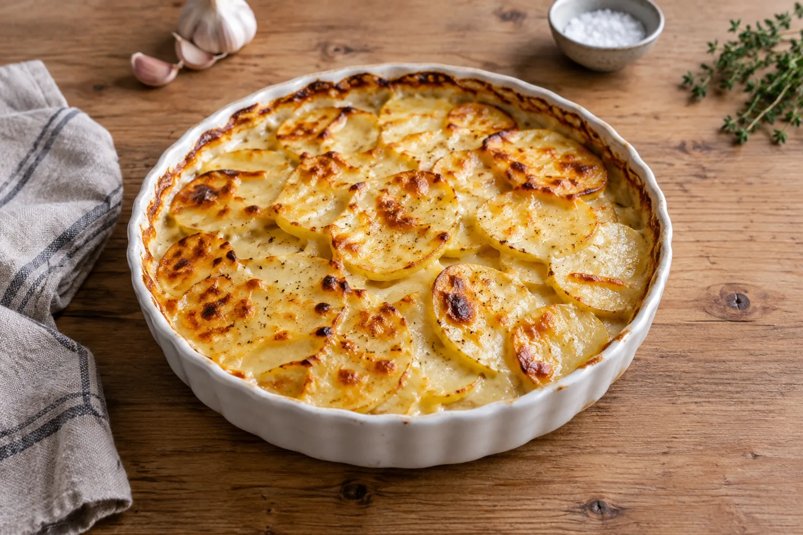 A golden-topped potato gratin in a dish, showing thin layers in set cream