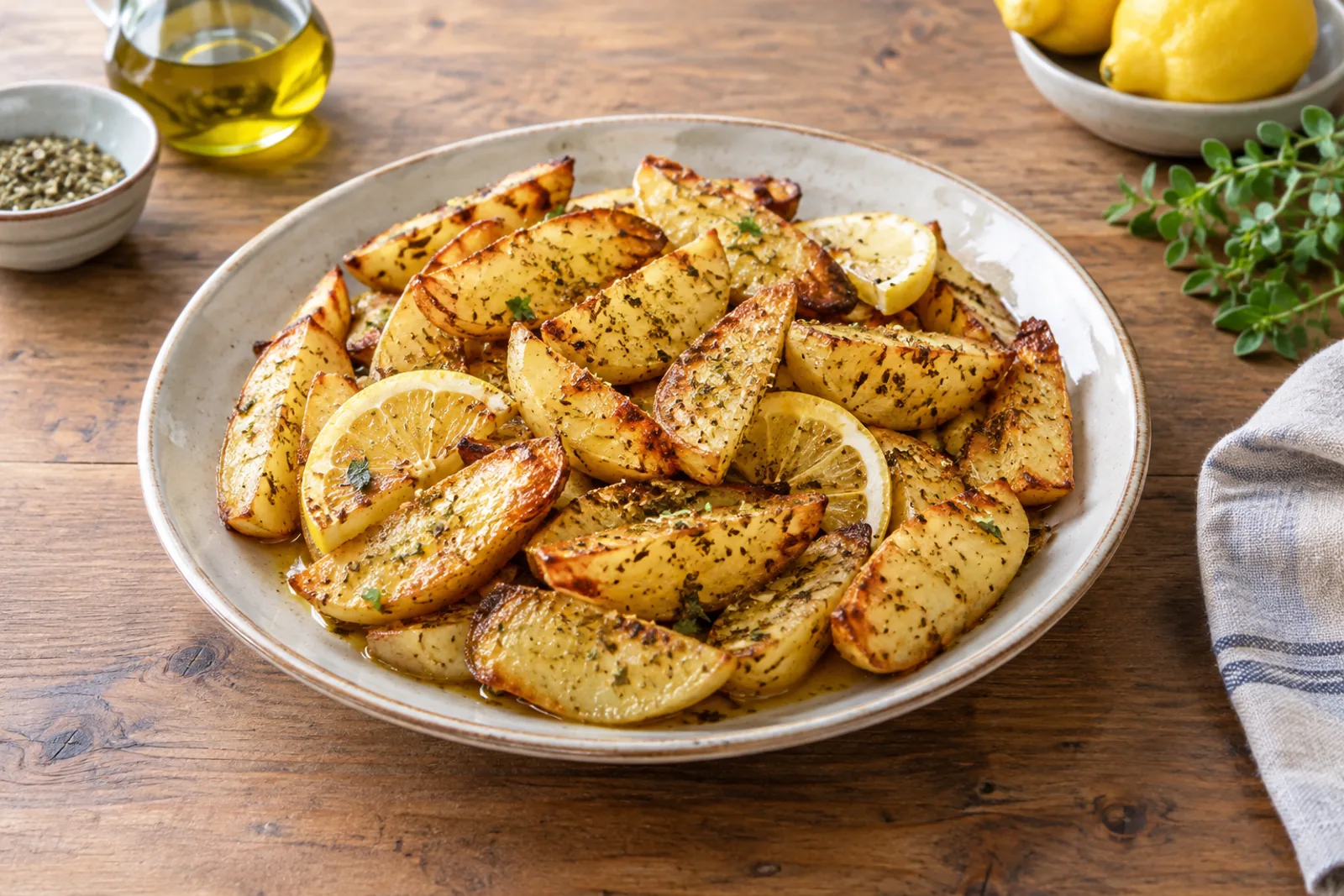 A tray of golden roasted potato wedges glistening with lemon and olive oil and oregano