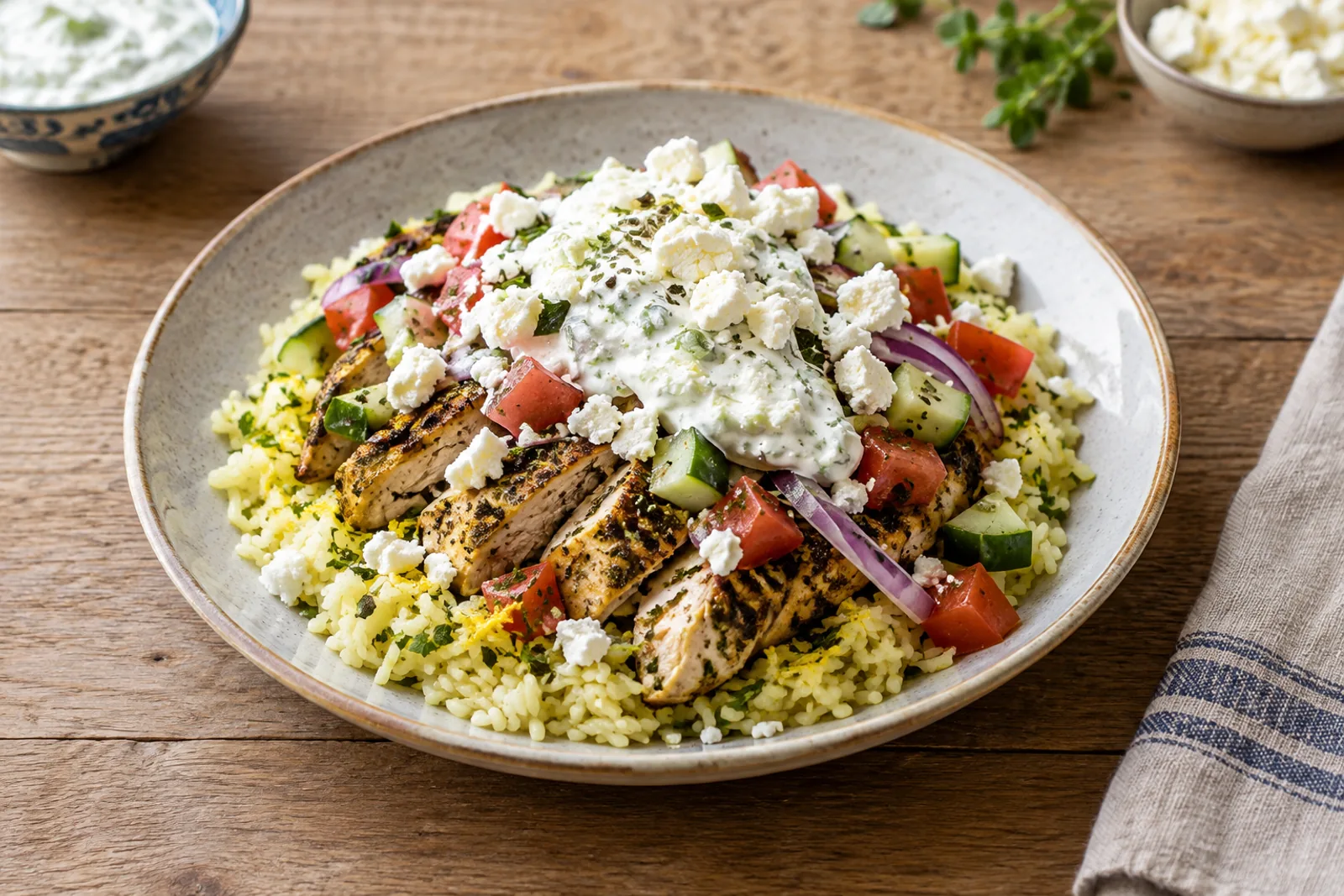 A bowl of lemon rice with sliced grilled chicken, tomato, cucumber, feta and tzatziki