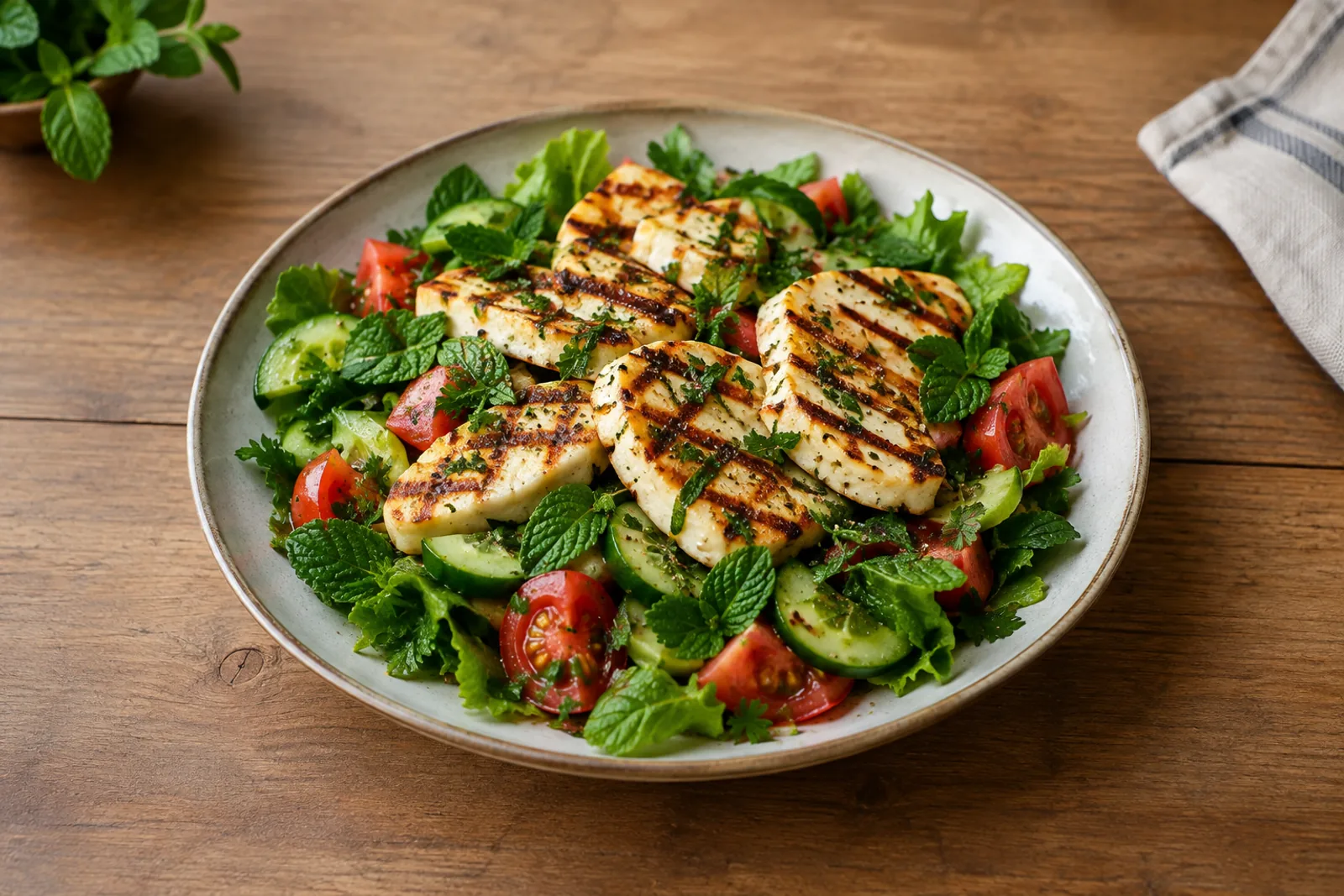 Griddled halloumi slices with dark bar marks on a platter of green leaves, cucumber, tomato and herbs