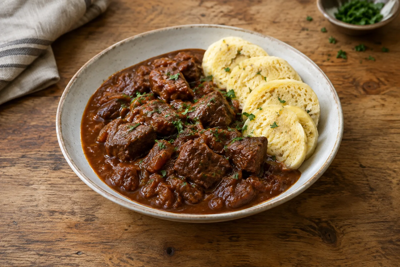 A pot of thick dark beef goulash with a spoon standing in it