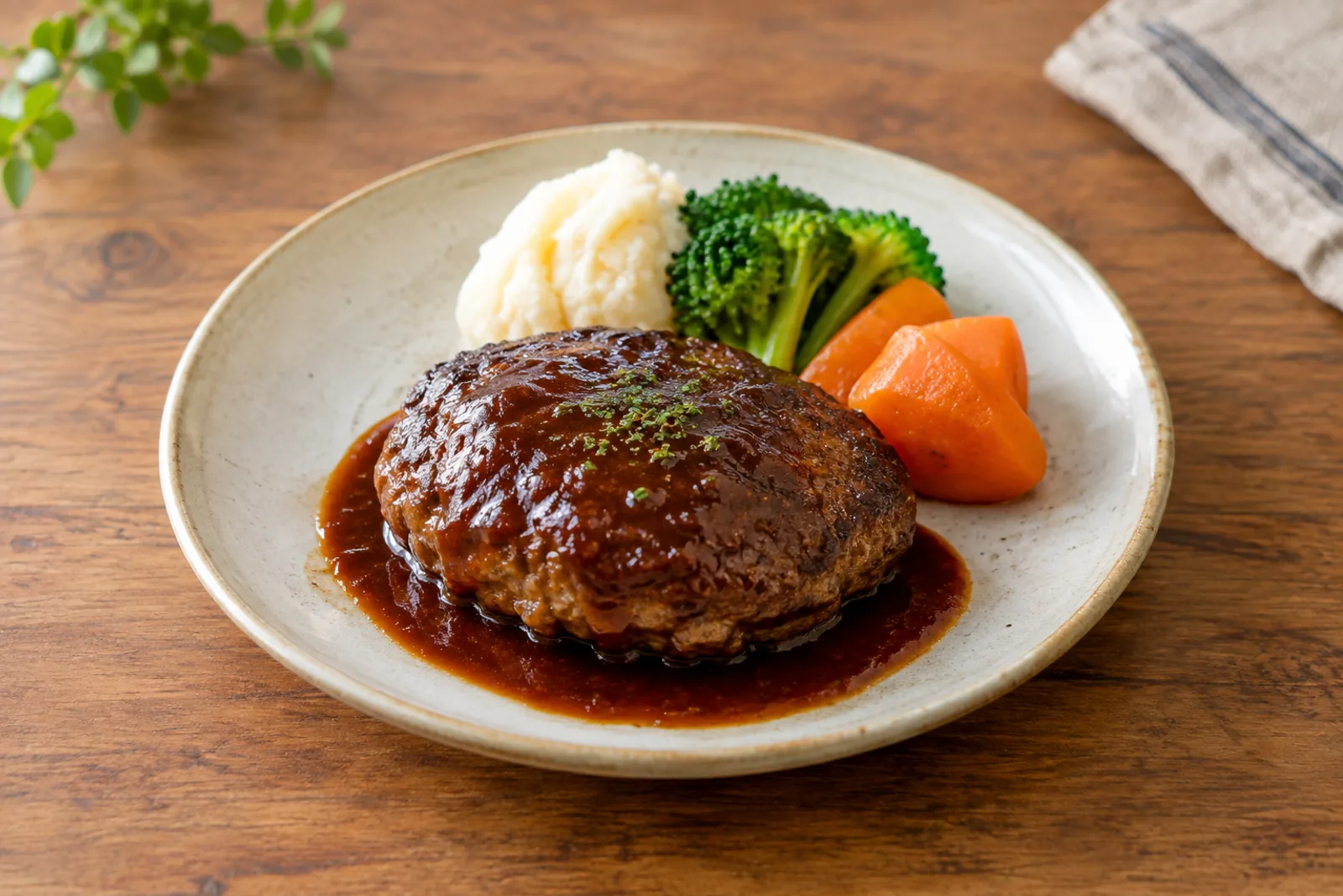 A plump glazed hamburger steak with dark sauce