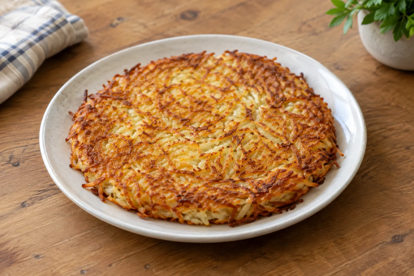 A crisp golden cake of shredded potato on a plate