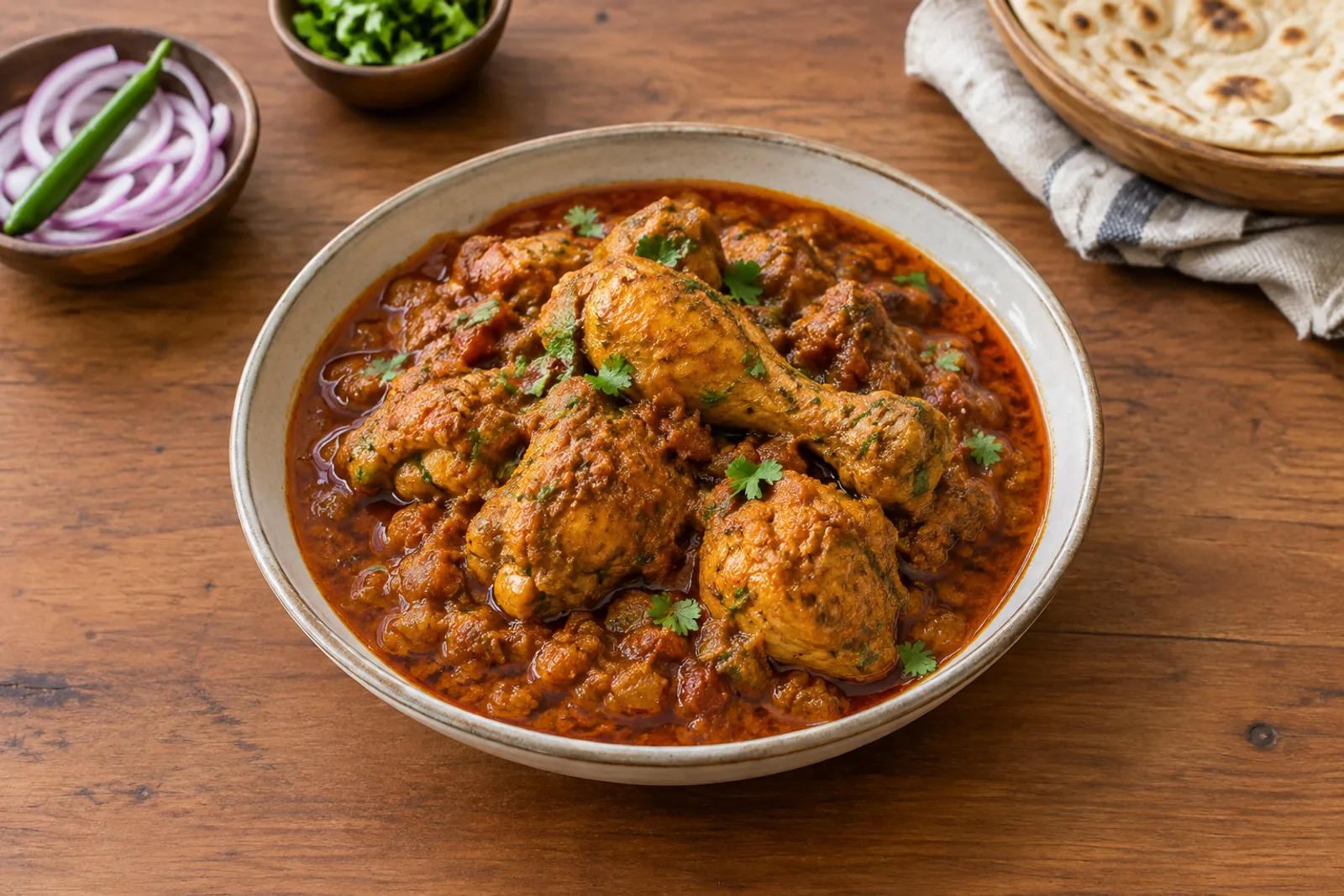 A pan of home-style chicken curry with a deep red-brown onion and tomato gravy