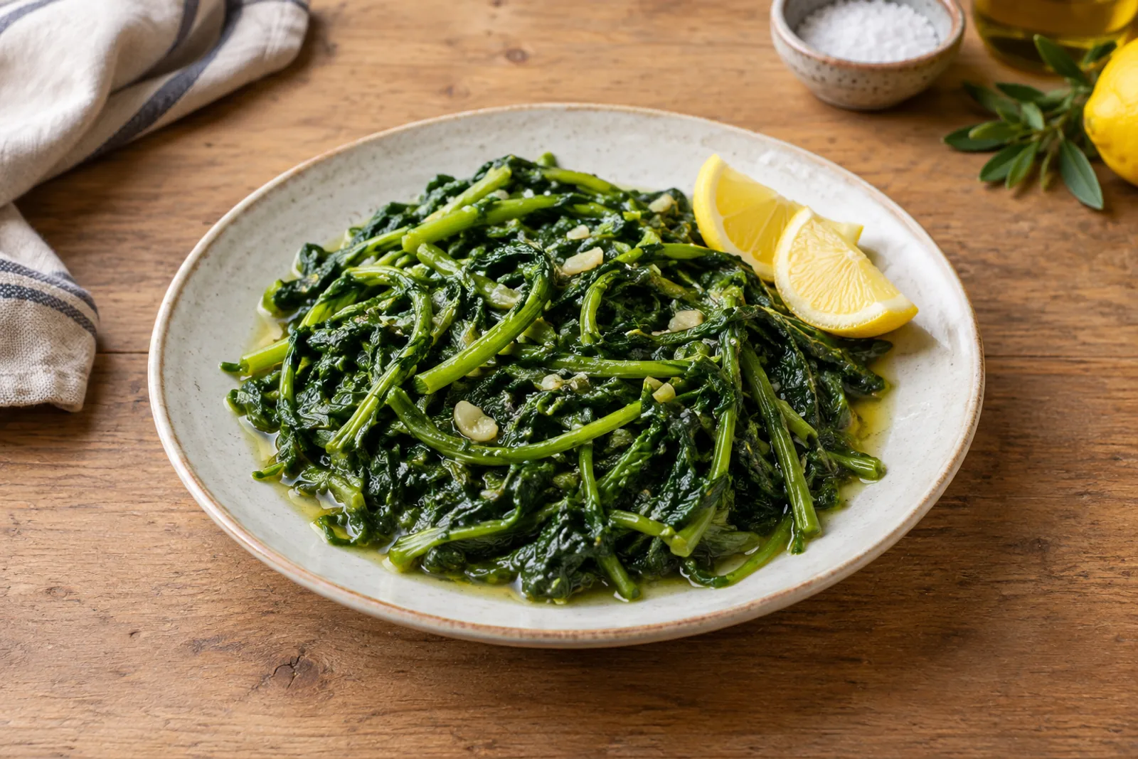 A plate of glossy boiled dark greens dressed with olive oil and a lemon wedge