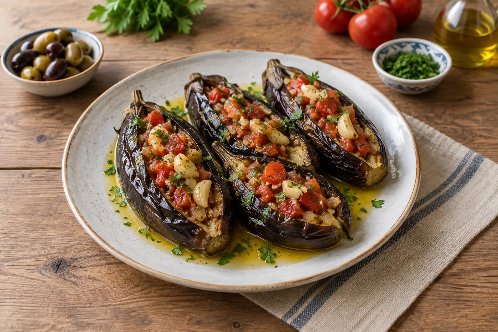 Split aubergines filled with onion and tomato, glossy with olive oil, served cold