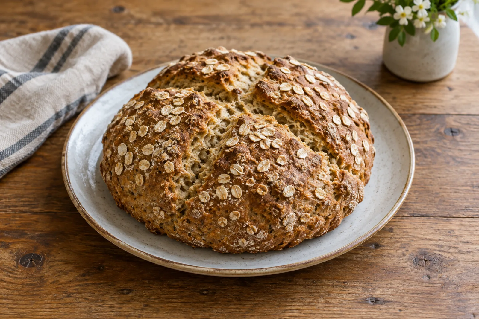 A round rustic loaf with a deep cross cut into the top and a floury crust, one slice buttered