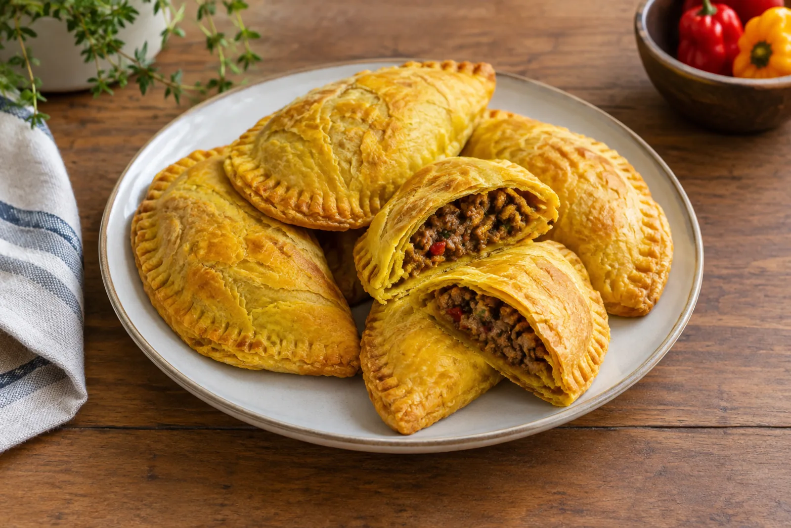 Three golden half-moon beef patties on a wire rack, one broken open to show the dark spiced filling.