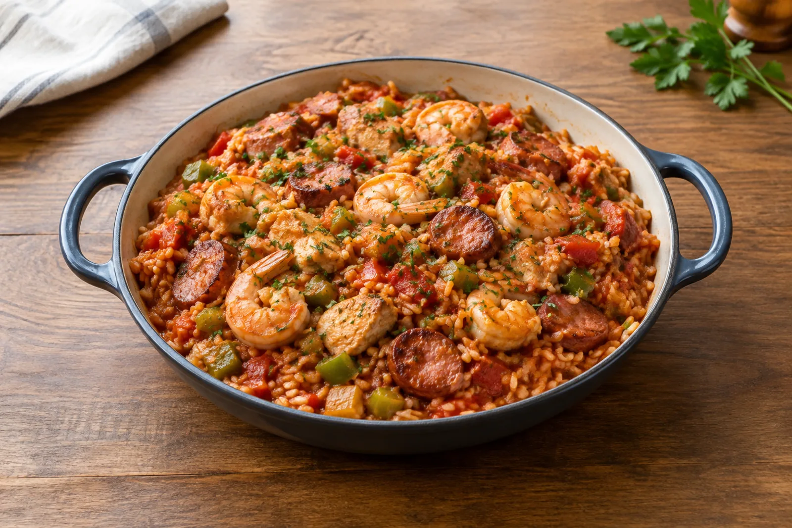 A pot of red rice with andouille sausage, chicken, prawns and green peppers