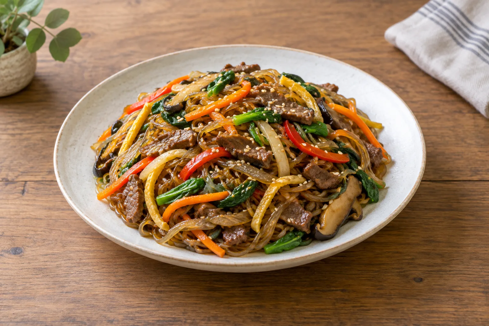 A platter of glossy brown glass noodles tangled with strips of beef, carrot, onion, red pepper and spinach, scattered with sesame seeds