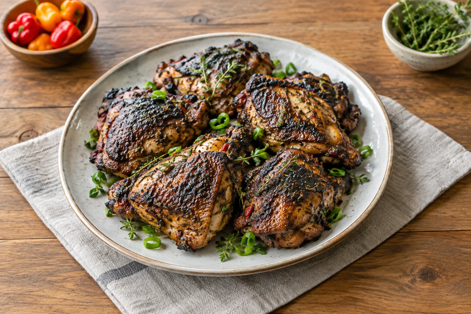 Charred jerk chicken pieces with lime wedges and a scattering of spring onion