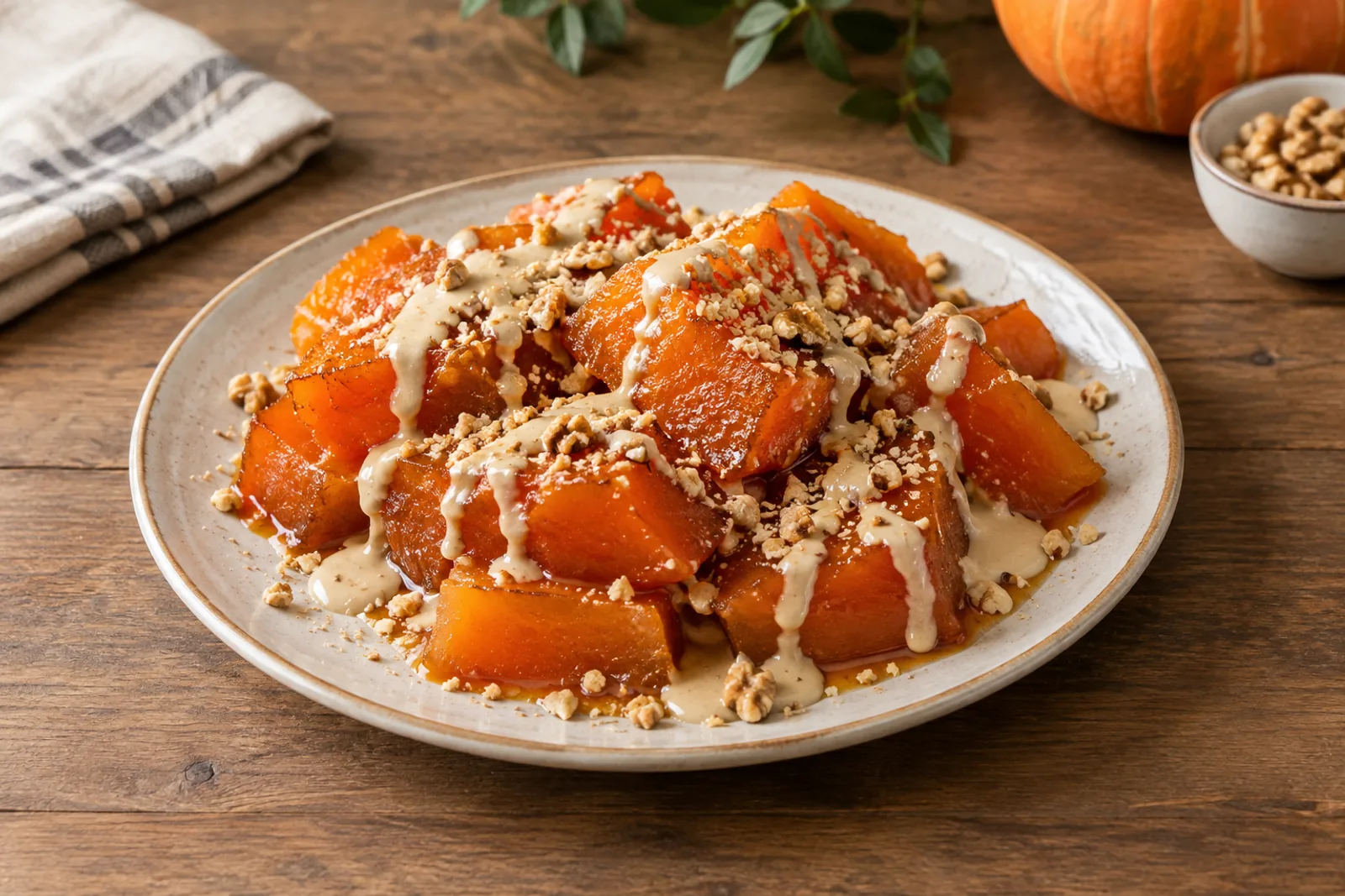 Translucent, glossy orange pieces of candied pumpkin on a white plate, drizzled with tahini and scattered with crushed walnuts.