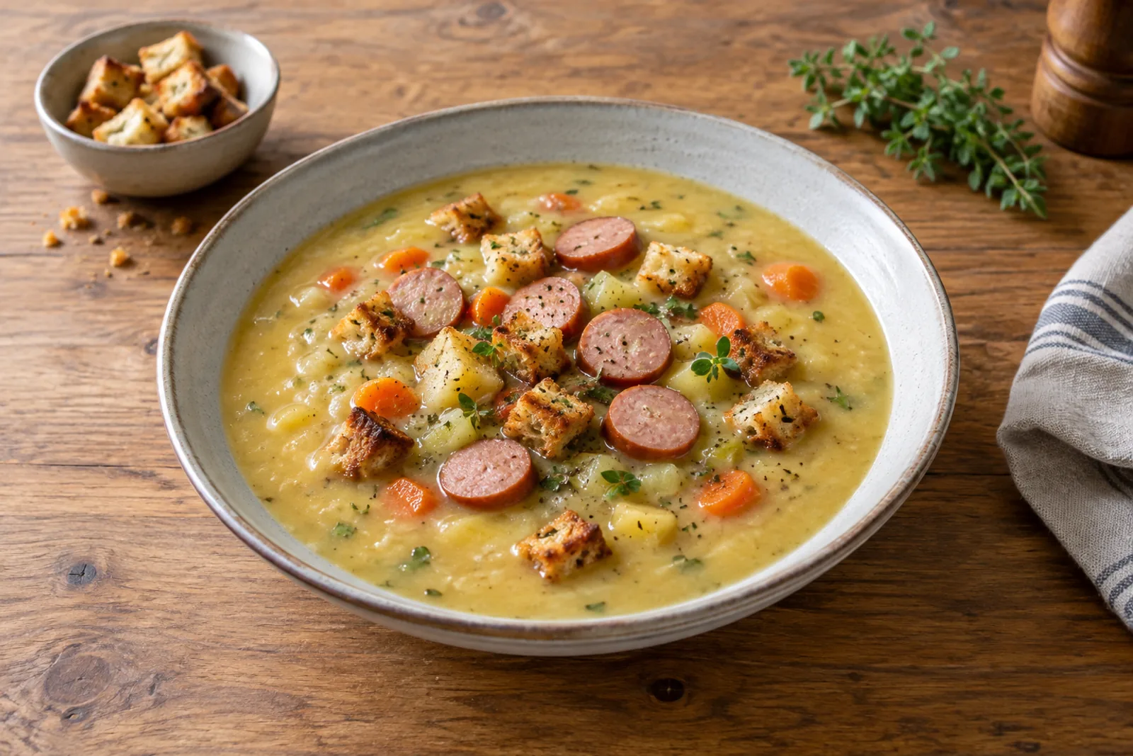 A bowl of thick potato soup with sliced sausage and parsley