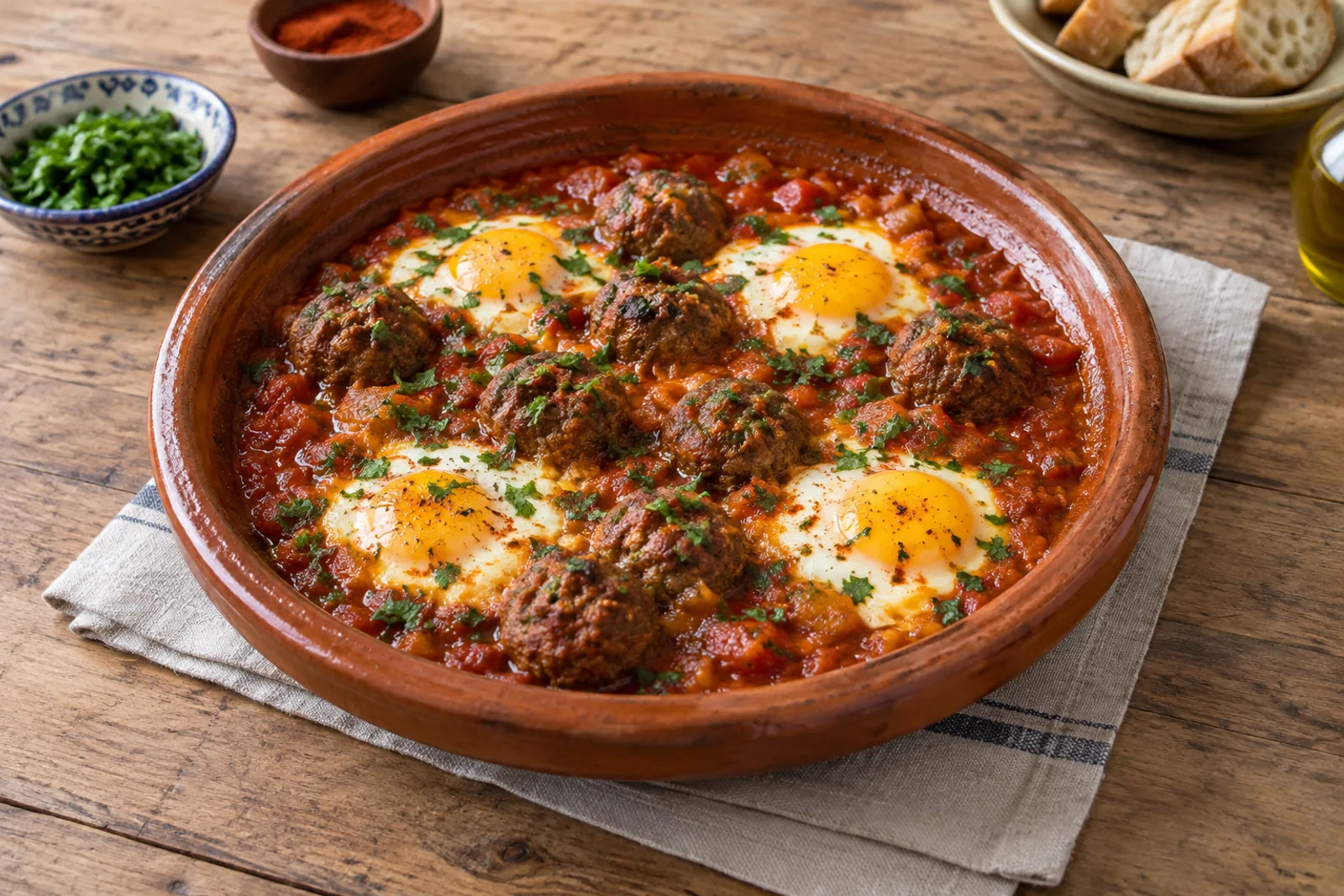 A tagine of meatballs in red tomato sauce with eggs set on top and chopped coriander