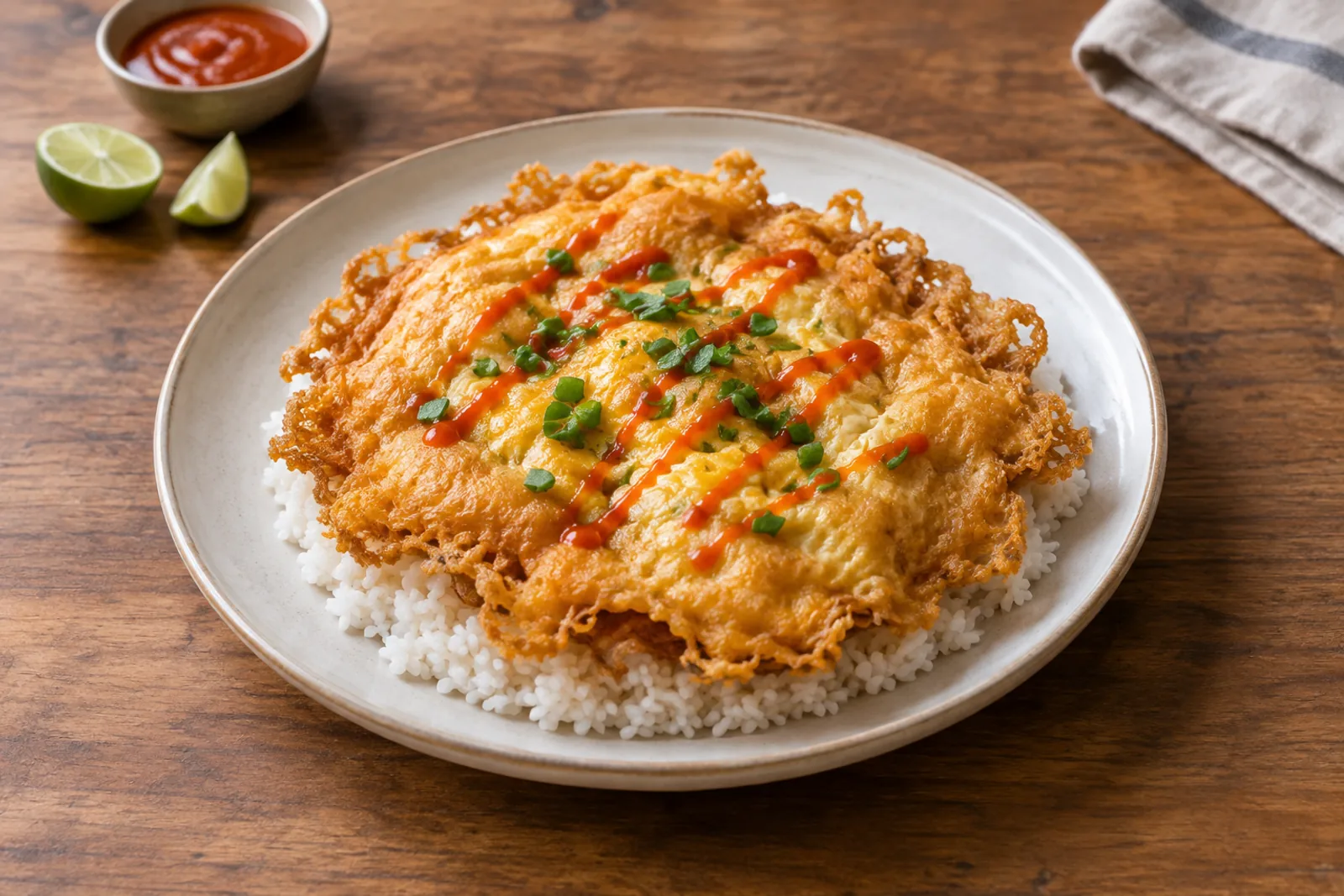 A puffy golden omelette with crisp lacy edges on a mound of jasmine rice with chilli sauce