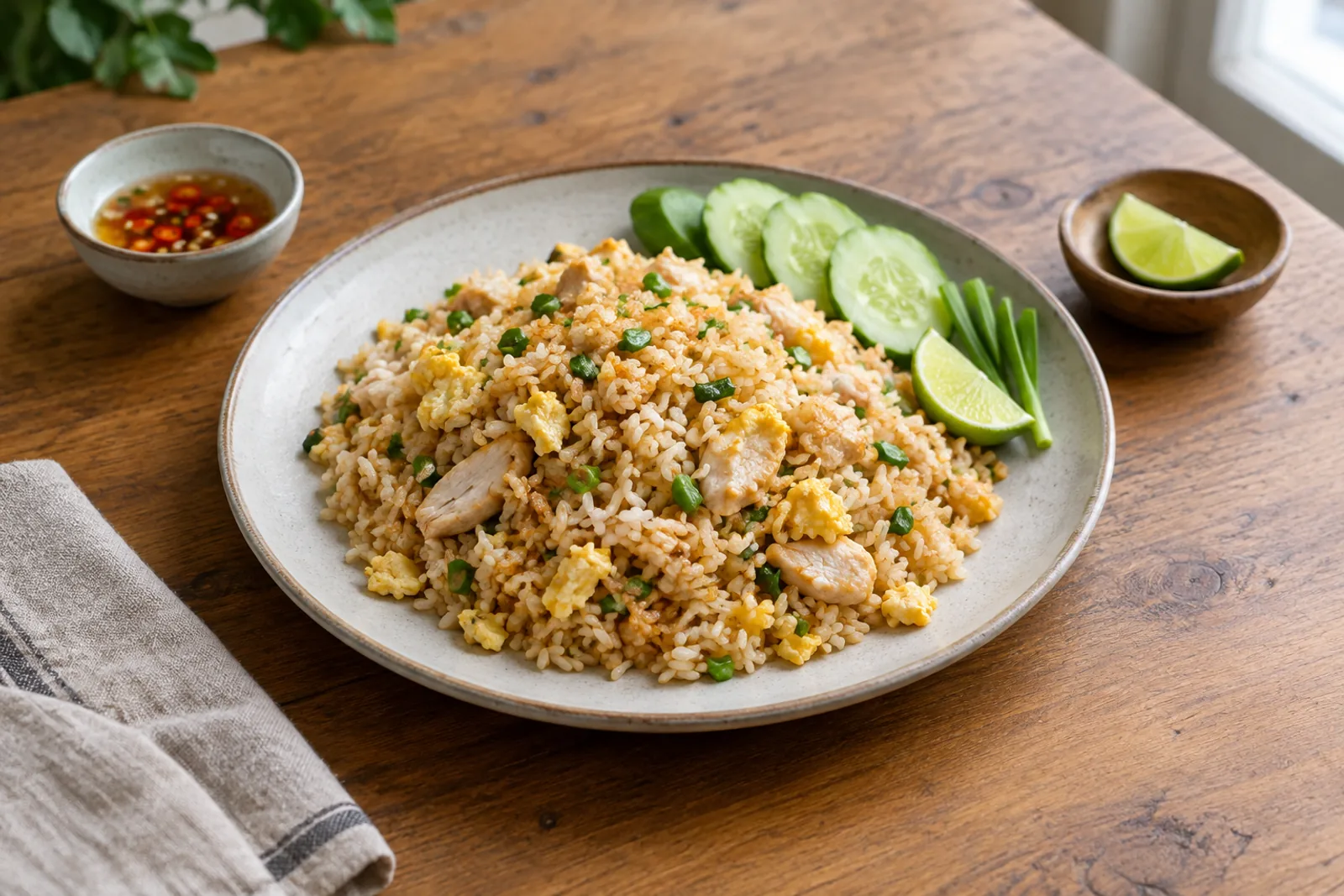 A plate of Thai fried rice with prawns, egg and spring onion, with lime and cucumber