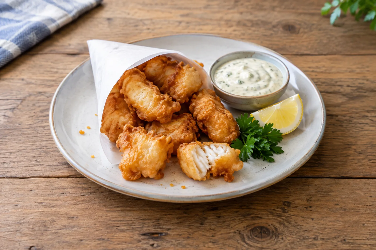 A paper cone of golden battered cod chunks with a tub of white garlic sauce